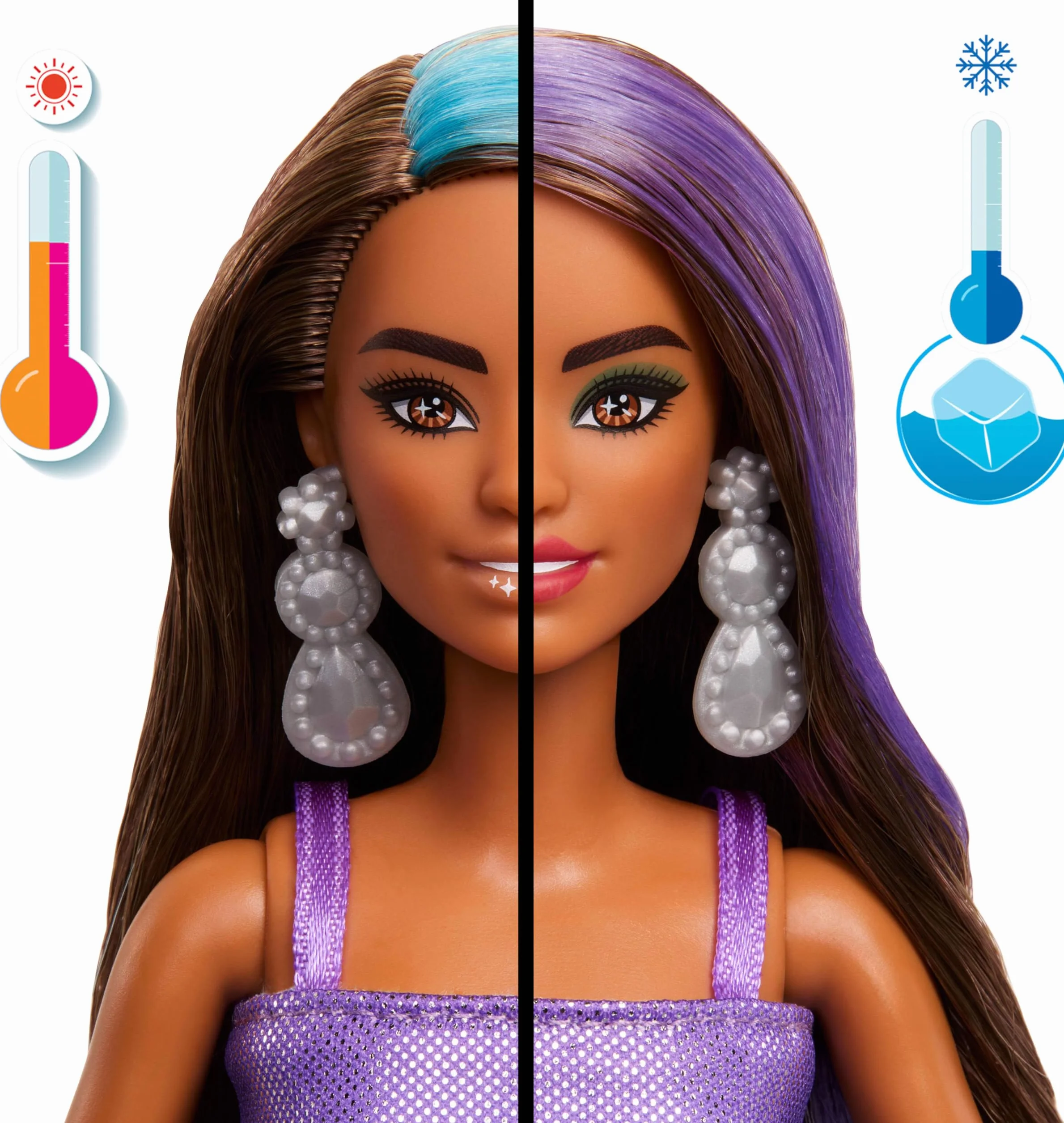 Barbie Party Unboxed Glam Party Stylowe przygotowania Zestaw fioletowy, lalka i akcesoria, łącznie 10 niespodzianek, w tym funkcja zmiany koloru, zabawka dla dzieci 3+, zestaw prezentowy, JFY66