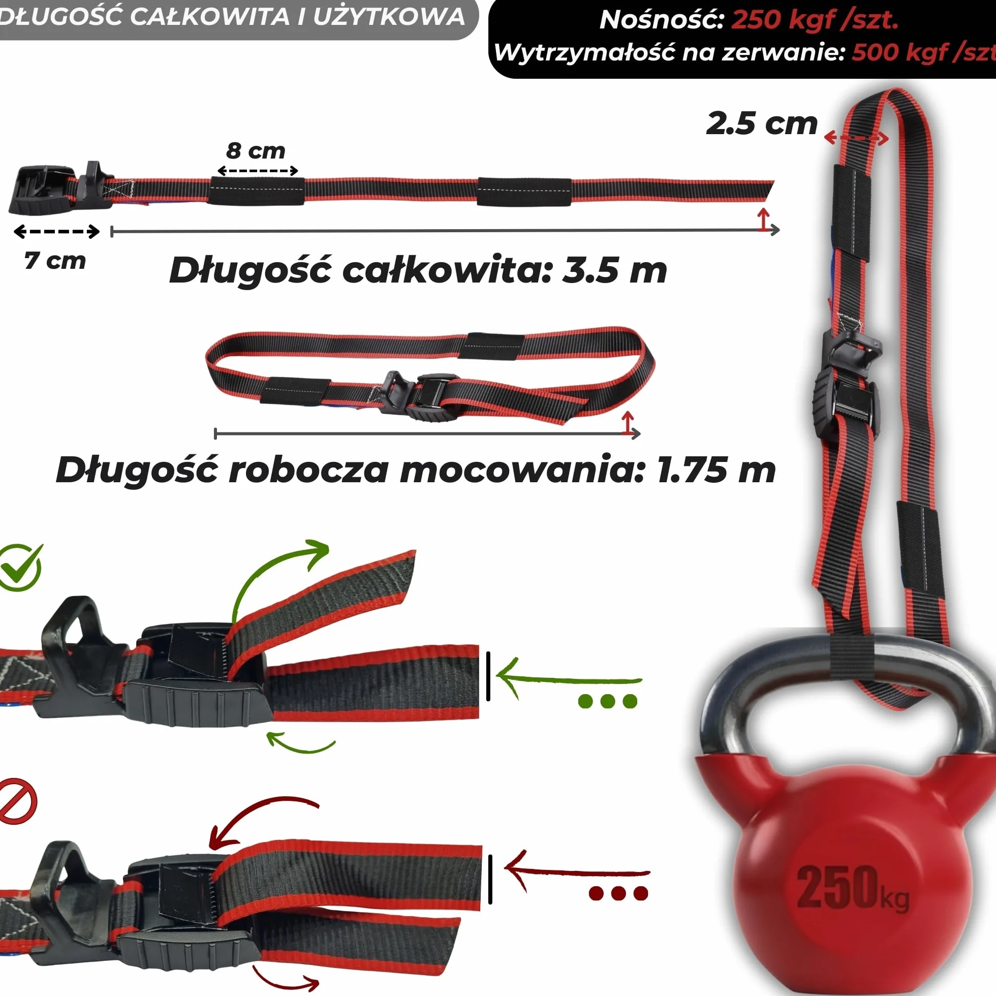 Pasy Transportowe z Klamrą 500 kg, Pasy Mocujące z Ochroną Antyrysową do Bagażnika Dachowego, Surf, Kayak, Paddle, Rowerów i Przyczepy, EN 12195-2, Zestaw 2 Pasy 3,5 m