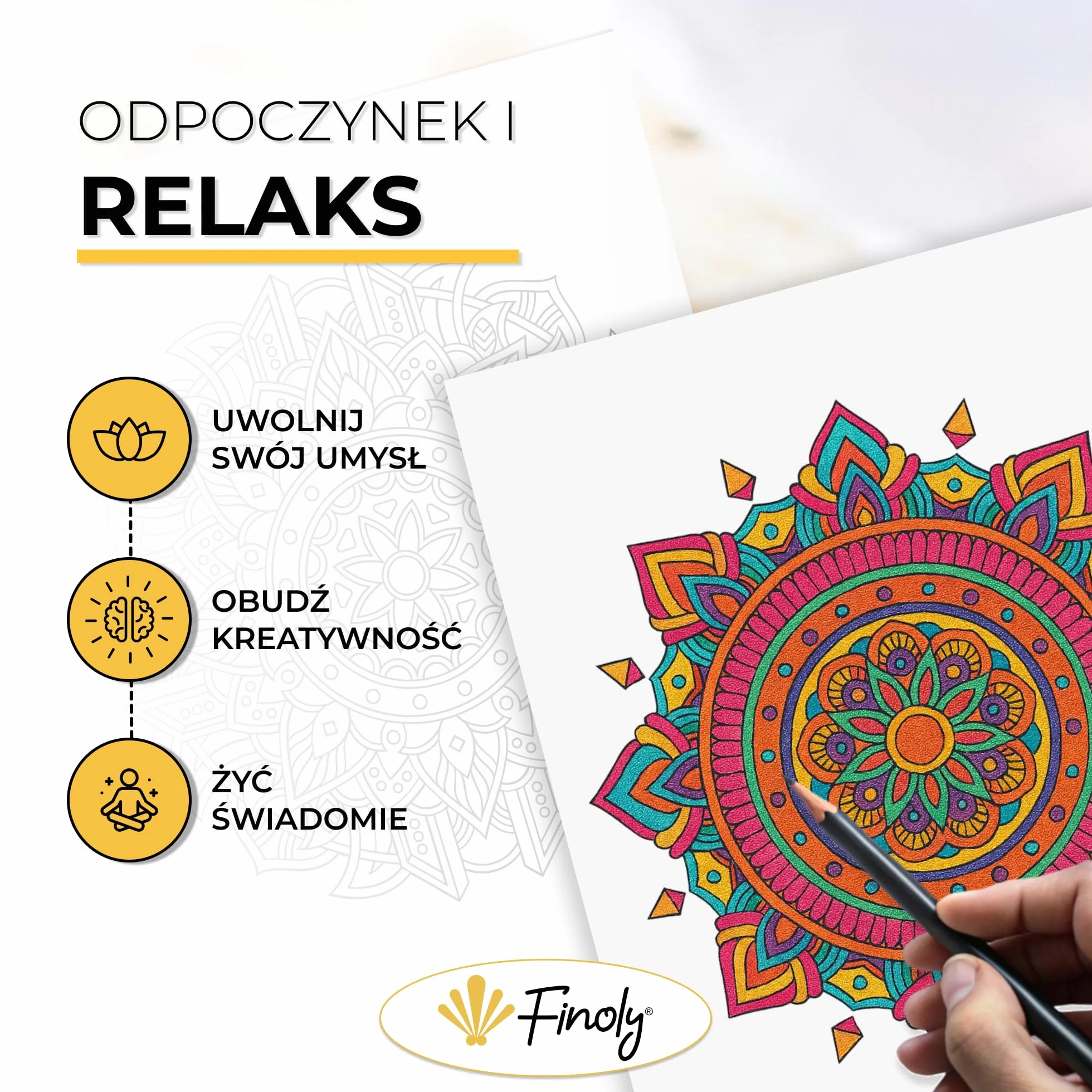 Finoly Mandala Kolorowanka dla Dorosłych z 30 Wzorami | Mandala Dotting Kolorowanka | A4 | Papier Premium | Spiralne Wiązanie | Dzień | TOM I