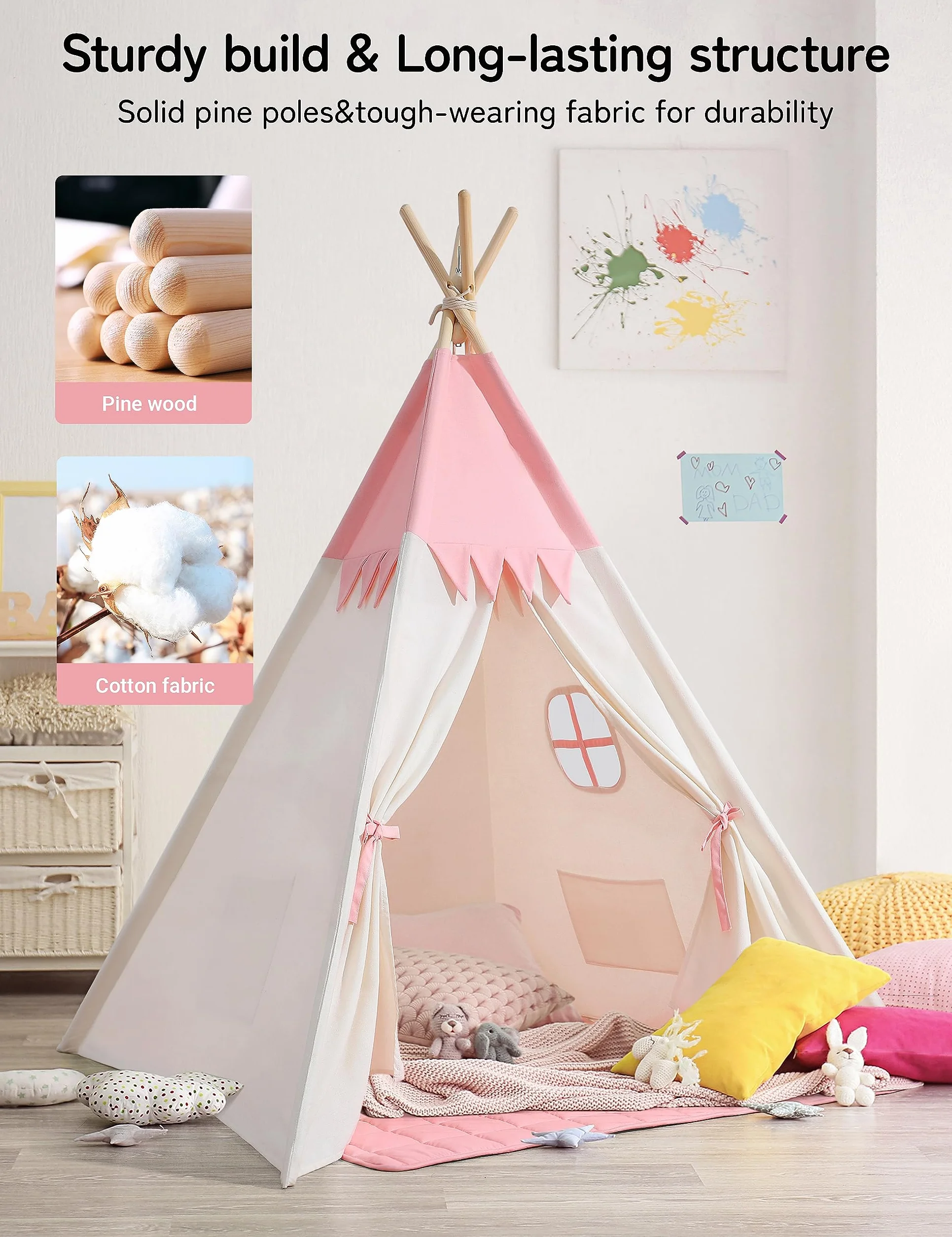 besrey Tipi namiot dla dzieci, Tippi namiot dziecięcy, do wnętrz, tipi dla dzieci, przytulny kącik, namiot do zabawy dla dziewczynek (różowy + biały)