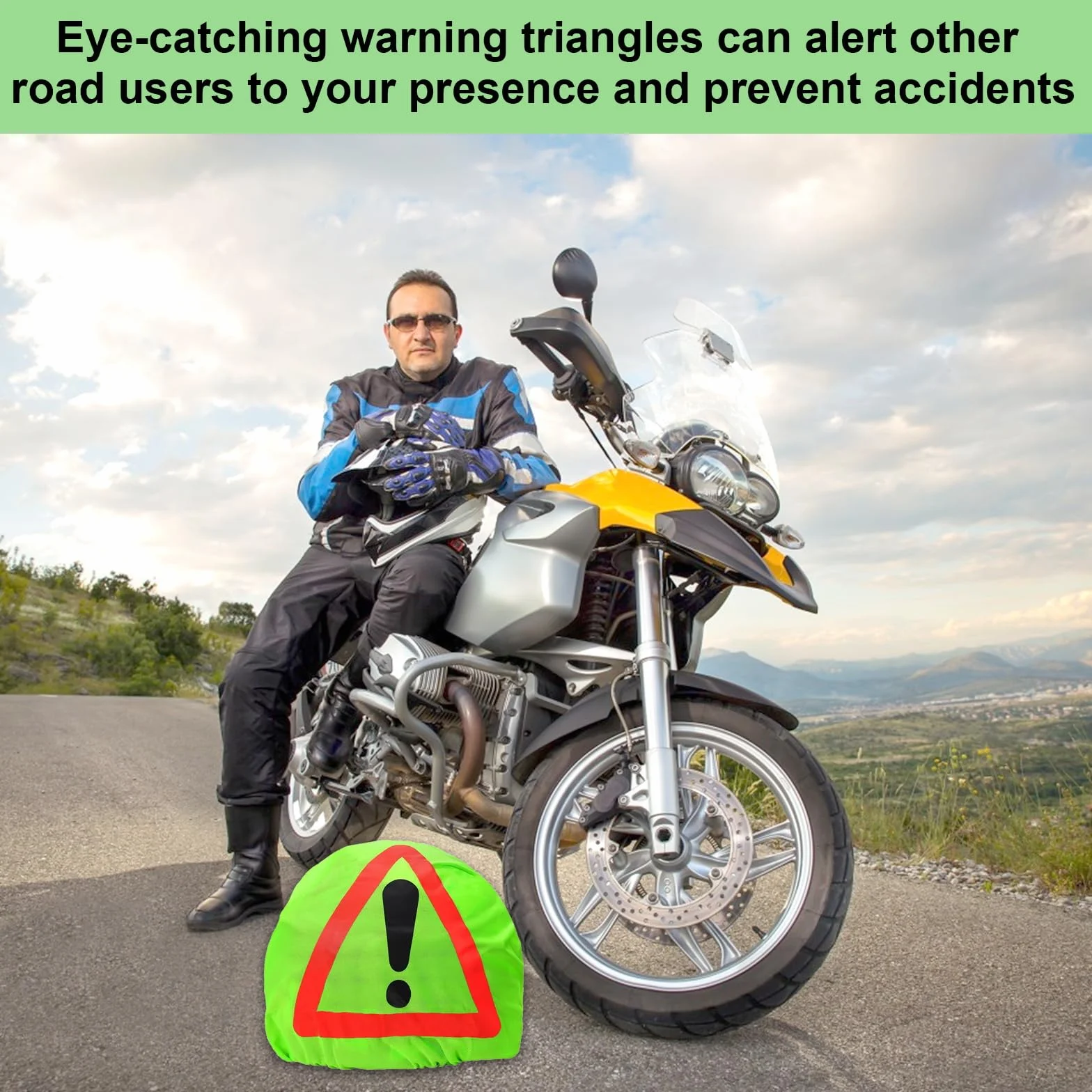 Trójkąt ostrzegawczy na kask motocyklowy, worek na kask, znak ostrzegawczy, torba na kask, trójkąt ostrzegawczy, powłoka kasku do zabezpieczenia przed wypadkiem, oznakowanie miejsc zagrożenia