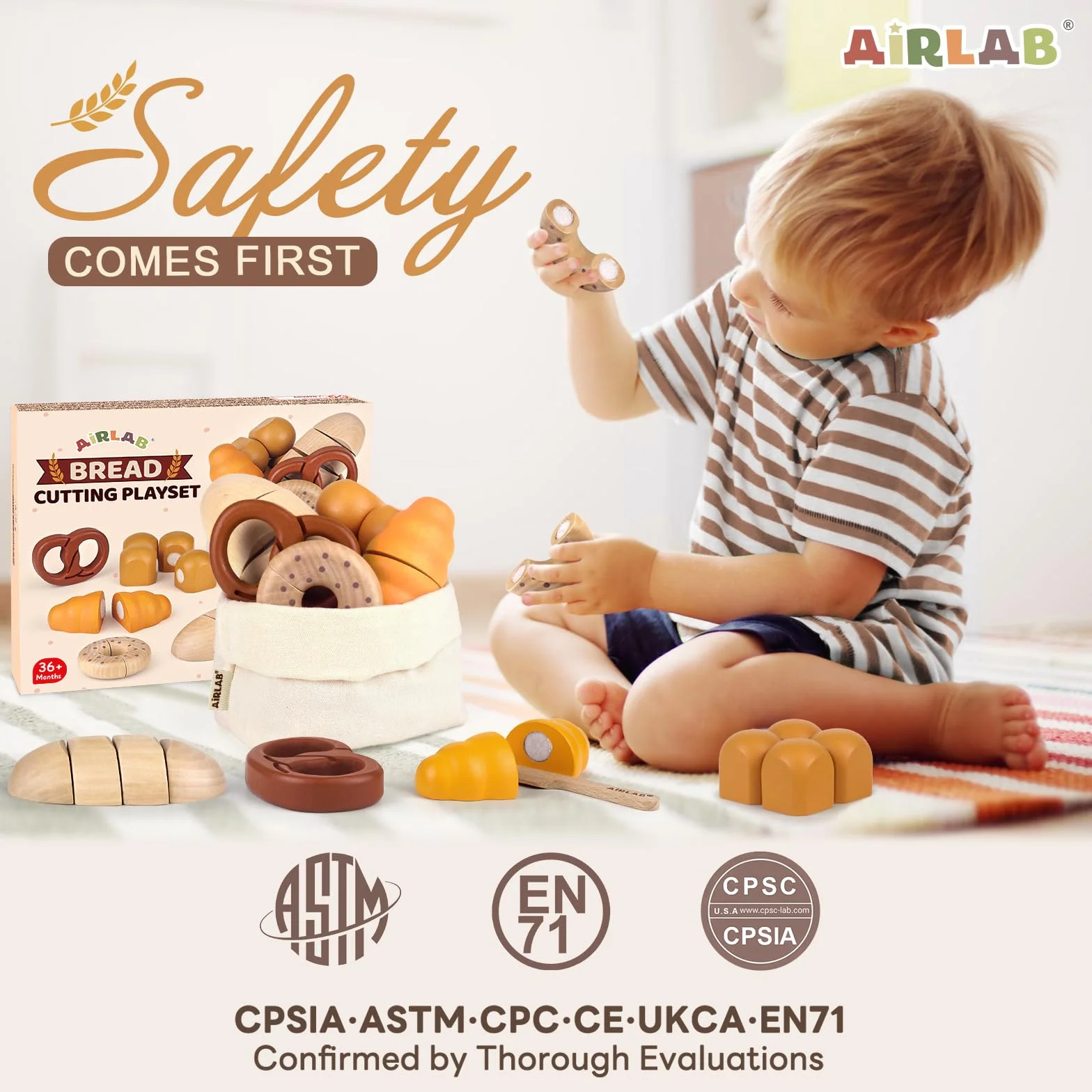 Airlab Drewniany zestaw do krojenia chleba, Drewniana zabawka do krojenia dla dzieci, Akcesoria kuchenne i zestaw na podwieczorek dla maluchów, Zabawka do odgrywania ról dla dziewczynek i chłopców