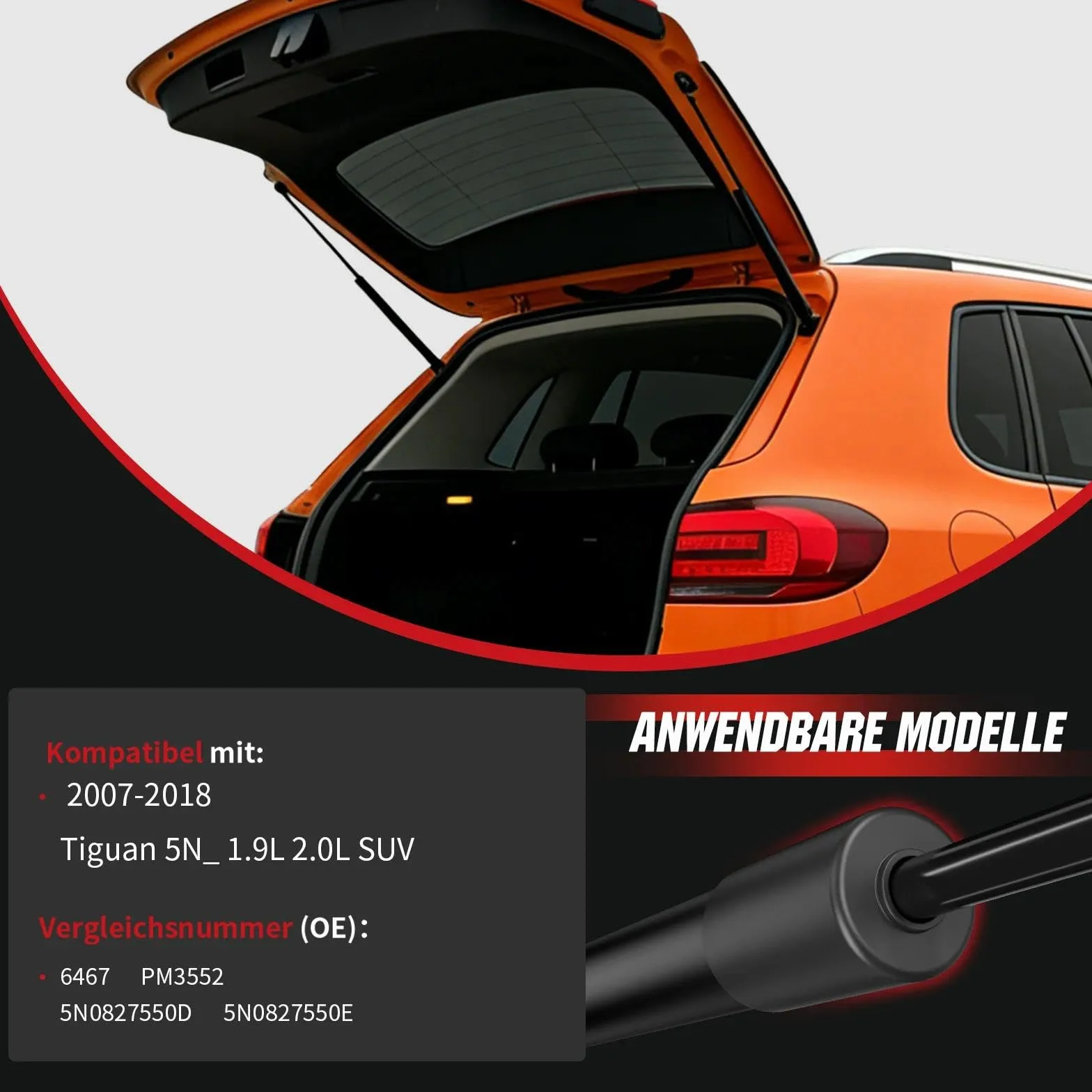 Sprężyna gazowa tylnej klapy kompatybilna z VW Tiguan 5N (2007-2018), OTUAYAUTO 2 sztuki amortyzatorów klapy bagażnika – zamiennik 5N0827550D, 5N0827550E, PM3552