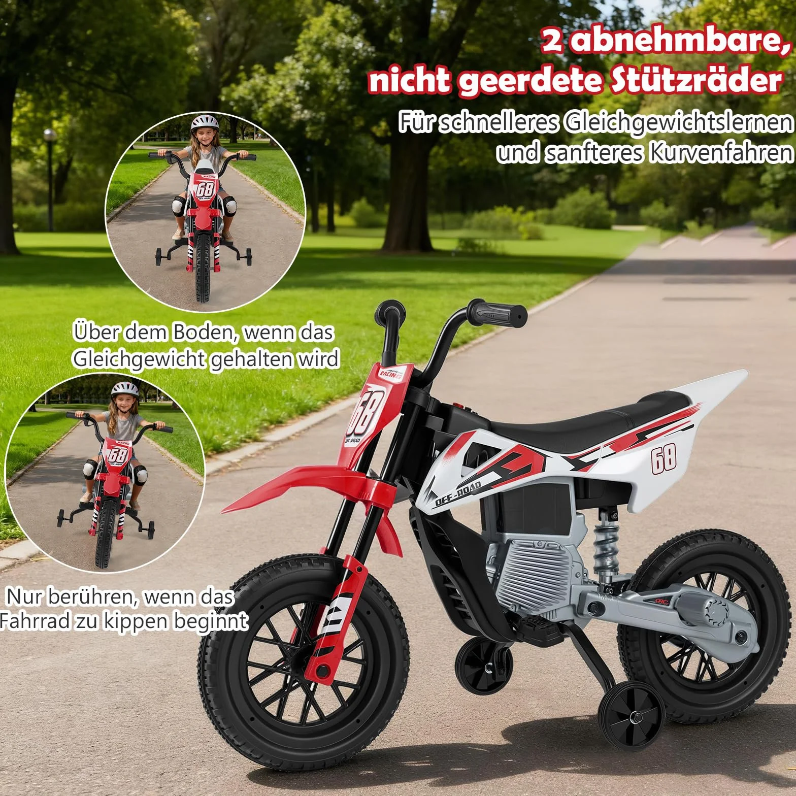 GOPLUS Motocykl dziecięcy 12 V, elektryczny motocykl dziecięcy z 2 kółkami podporowymi, zdejmowany, elektryczny z pedałami nożnymi, muzyka i amortyzacja, motocykl Eletro 3-5 km/h, dla dzieci 3-8 lat