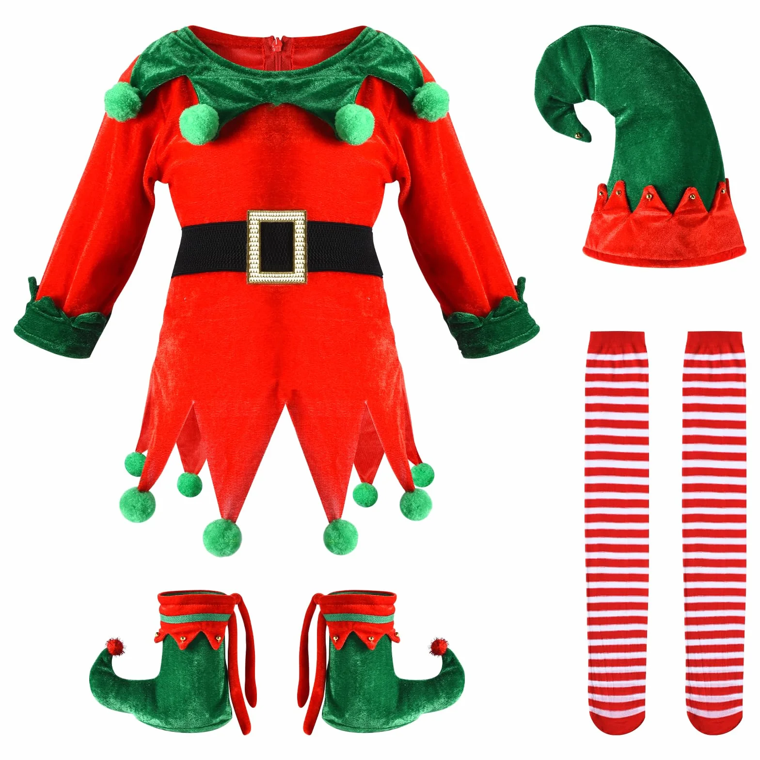 Proumhang 5 Pack Dziewczyny Kobiety Świąteczny Elf Kostium Zestaw,Dziecięcy świąteczny kostium elfów,Aksamitny kostium Pomocnika Mikołaja,Świąteczny strój z elfskim kapeluszem Buty Pasek Pończochy