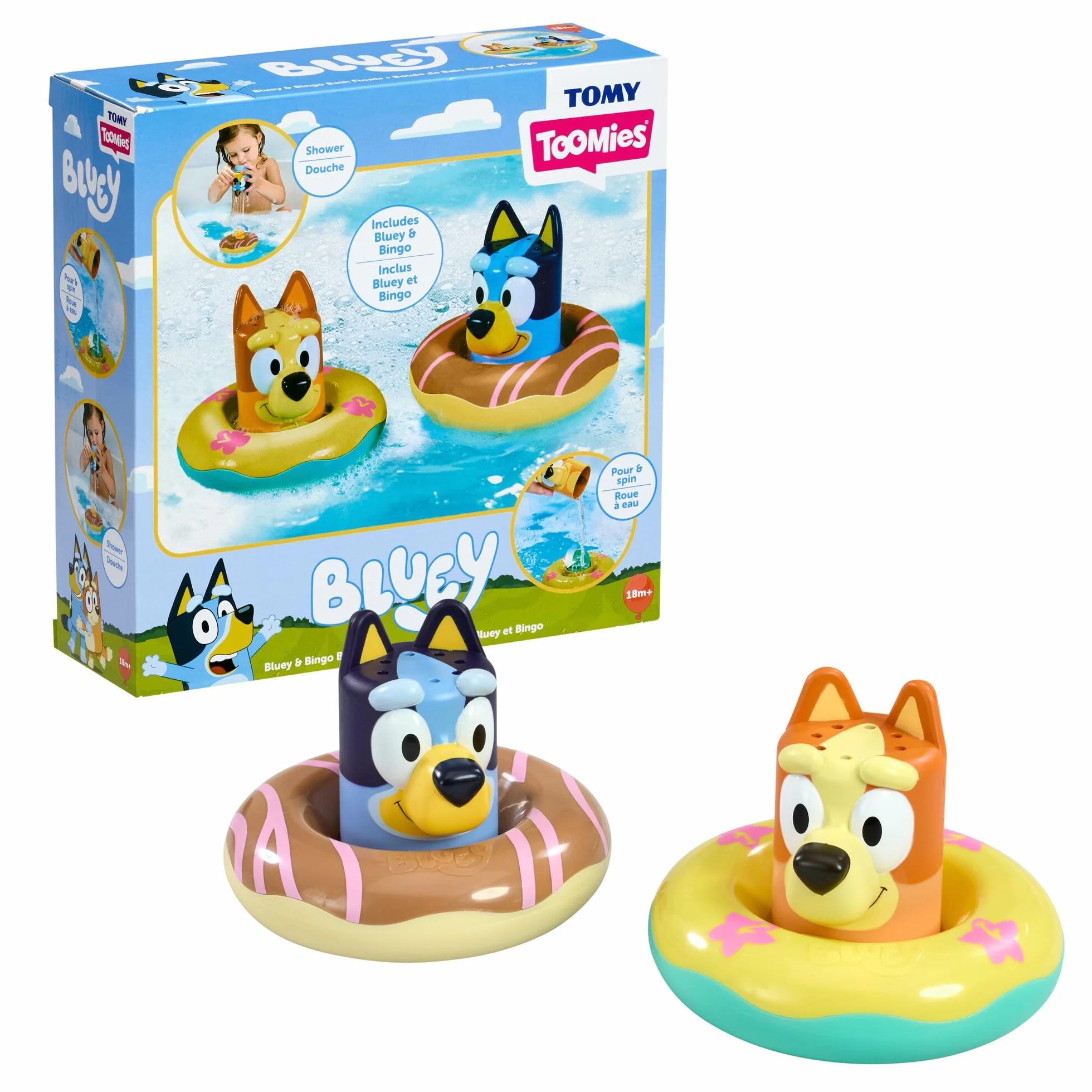 Tomy Toomies Bluey and Bingo Boi Bingo Toy Zestaw 2 szt. | Bluey i Bingo w bojach z kołami wodnymi | Oficjalnie licencjonowane zabawki Bluey | Zabawki dla dzieci od 18 miesięcy