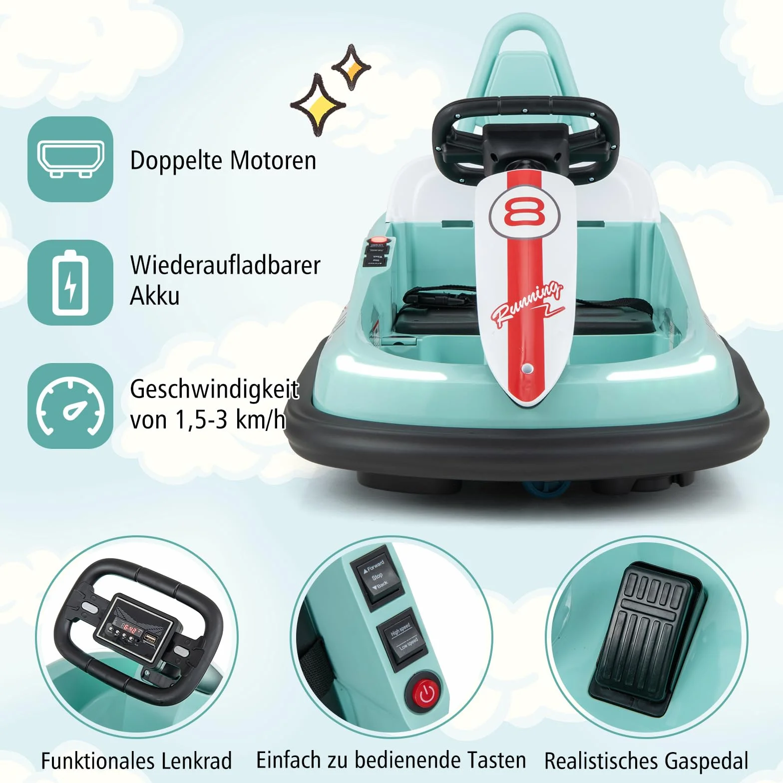 COSTWAY 6 V hulajnoga samochodowa dla dzieci, bumper car z muzyką i światłami, obrót o 360 stopni, samochód elektryczny dla dzieci od 18 miesięcy, 1,5-3 km/h (zielona)