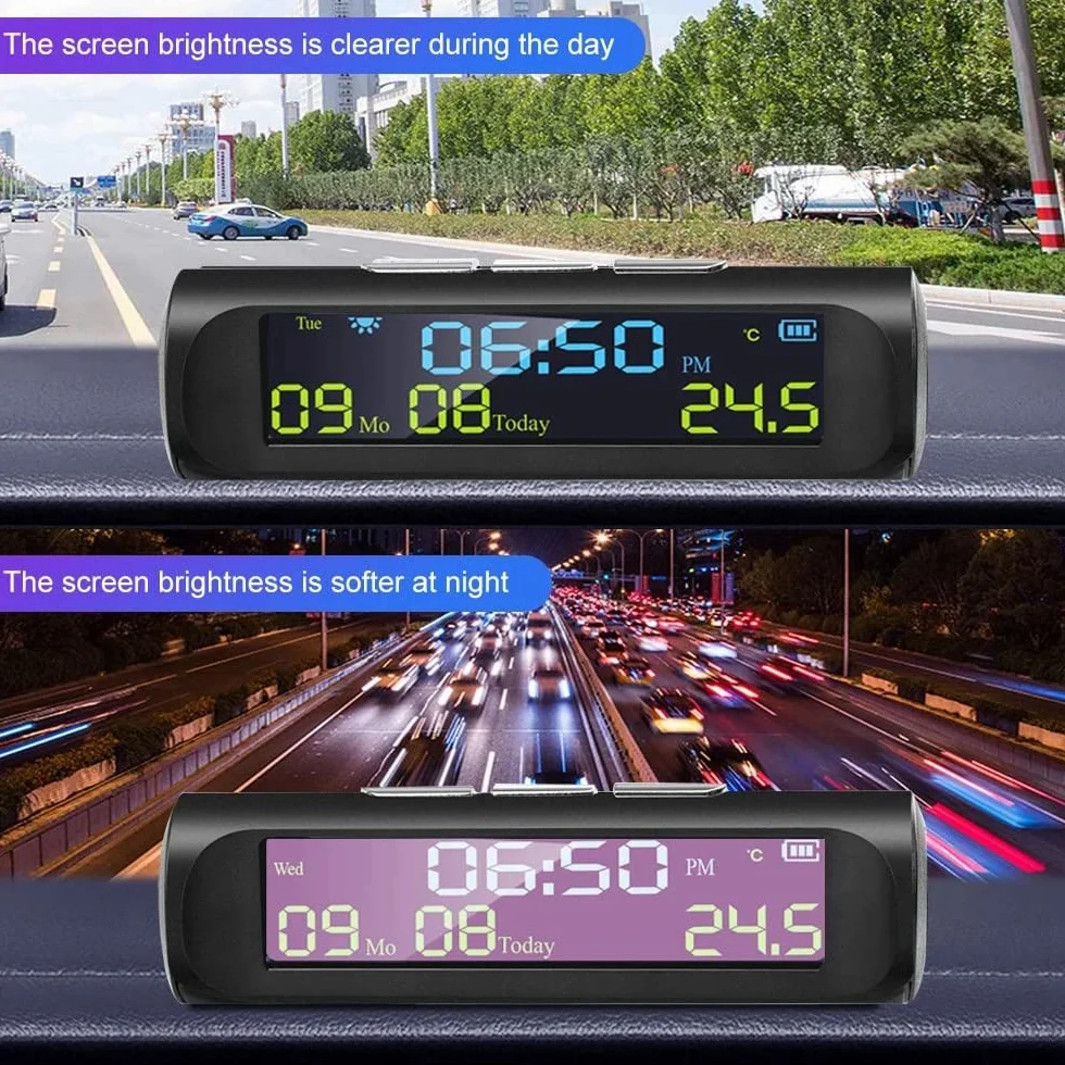 Samochodowy solarny zegar cyfrowy z wyświetlaczem LCD wskazującym temperaturę w samochodzie do dekoracji części samochodowych zewnątrz A