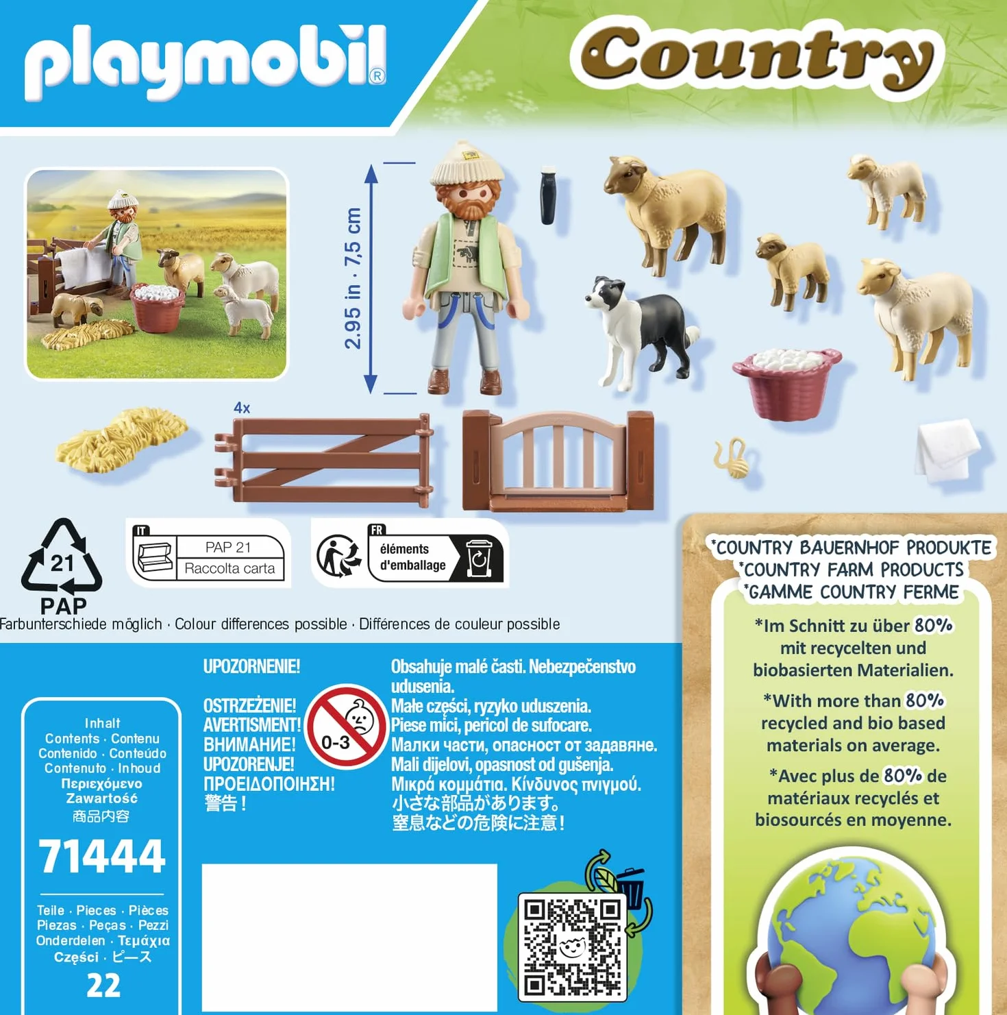 PLAYMOBIL Country 71444 Młody owczarz z owcami, border collie, maszynką do strzyżenia owiec i słomą. Zabawne i pomysłowe odgrywanie ról, zabawki dla dzieci w wieku od 4 roku życia