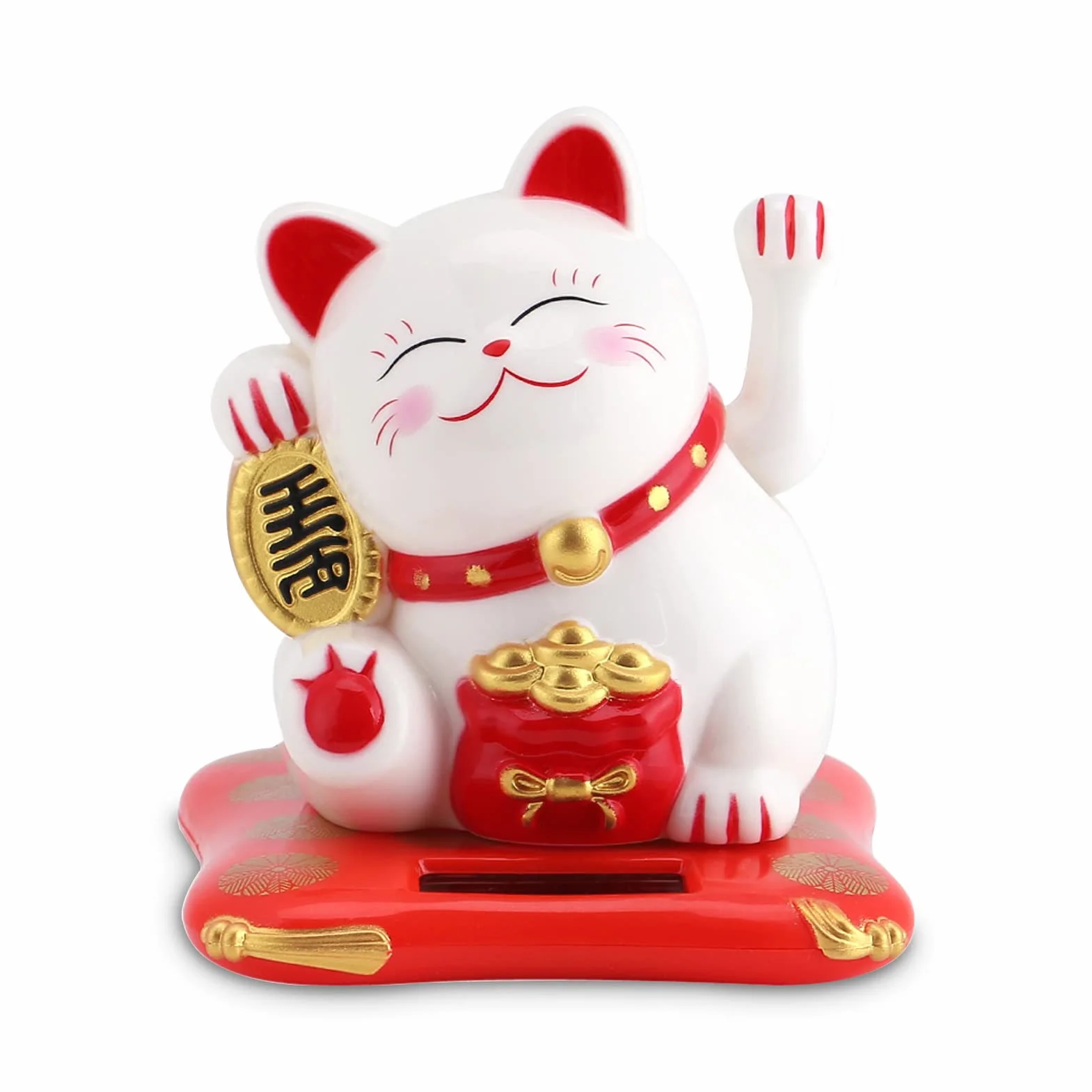 Kot na szczęście, Mini Maneki Neko Japoński posąg kota z machającym ramieniem Zasilany energią słoneczną do wystroju deski rozdzielczej samochodu w domu[White]