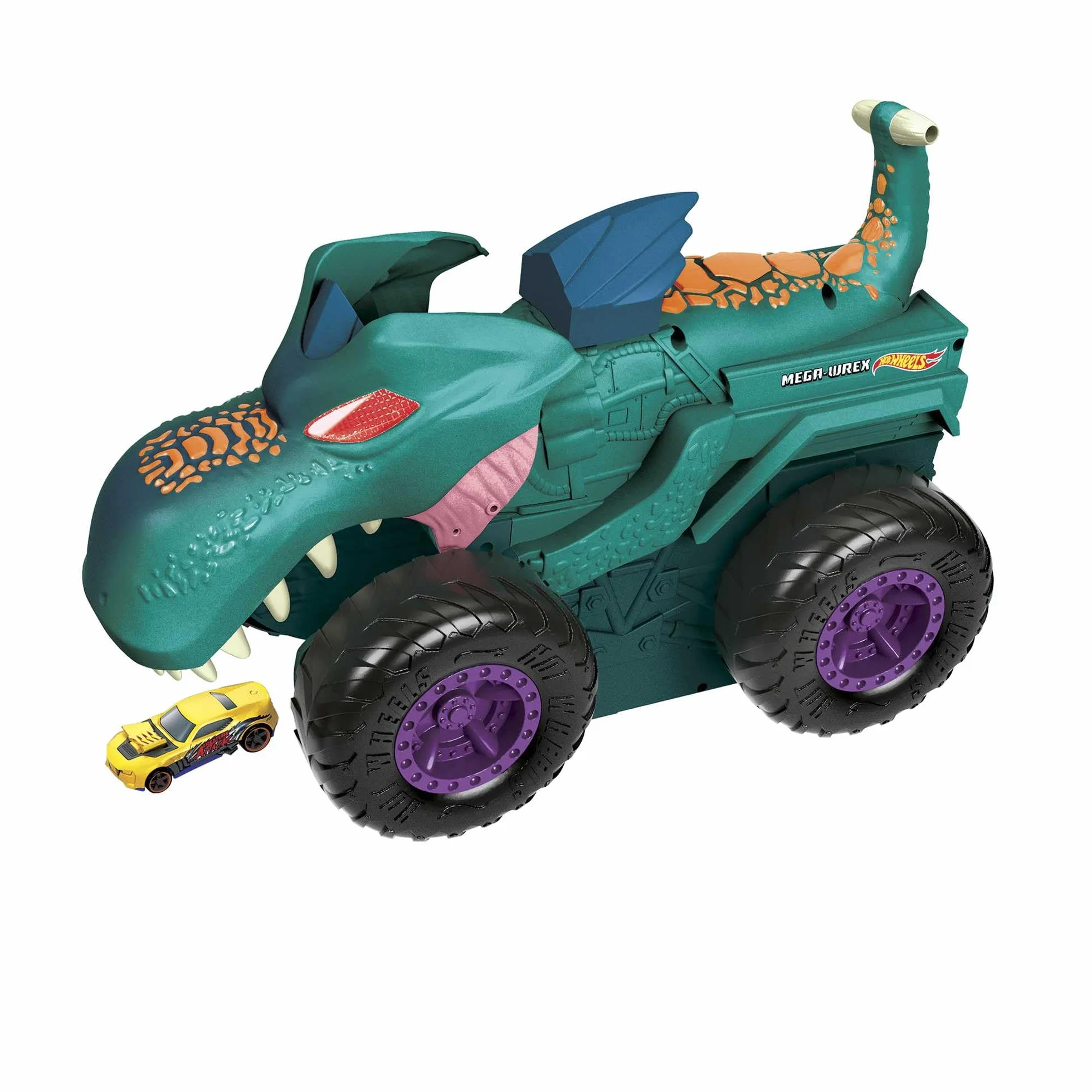 Hot Wheels Monster Trucks Pożeracz aut Mega Wrex Duży pojazd ze światełkami i efektami dźwiękowymi, „pożera” i „wypuszcza” metalowe autka i Monster Trucki w skali 1:64, od 4 roku życia, GYL13