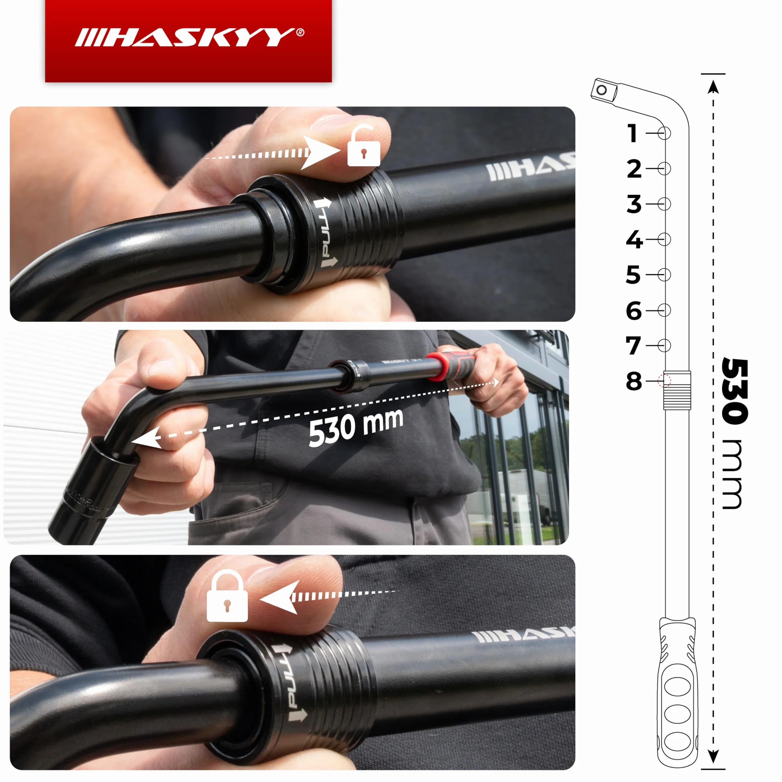 HASKYY Zestaw teleskopowych kluczy do kół 355 – 530 mm, z możliwością przedłużenia 1/2 cala, napęd 17/19 mm i klucz nasadowy 21/23 mm, klucz do kół, narzędzie do opon wraz z torbą do przechowywania