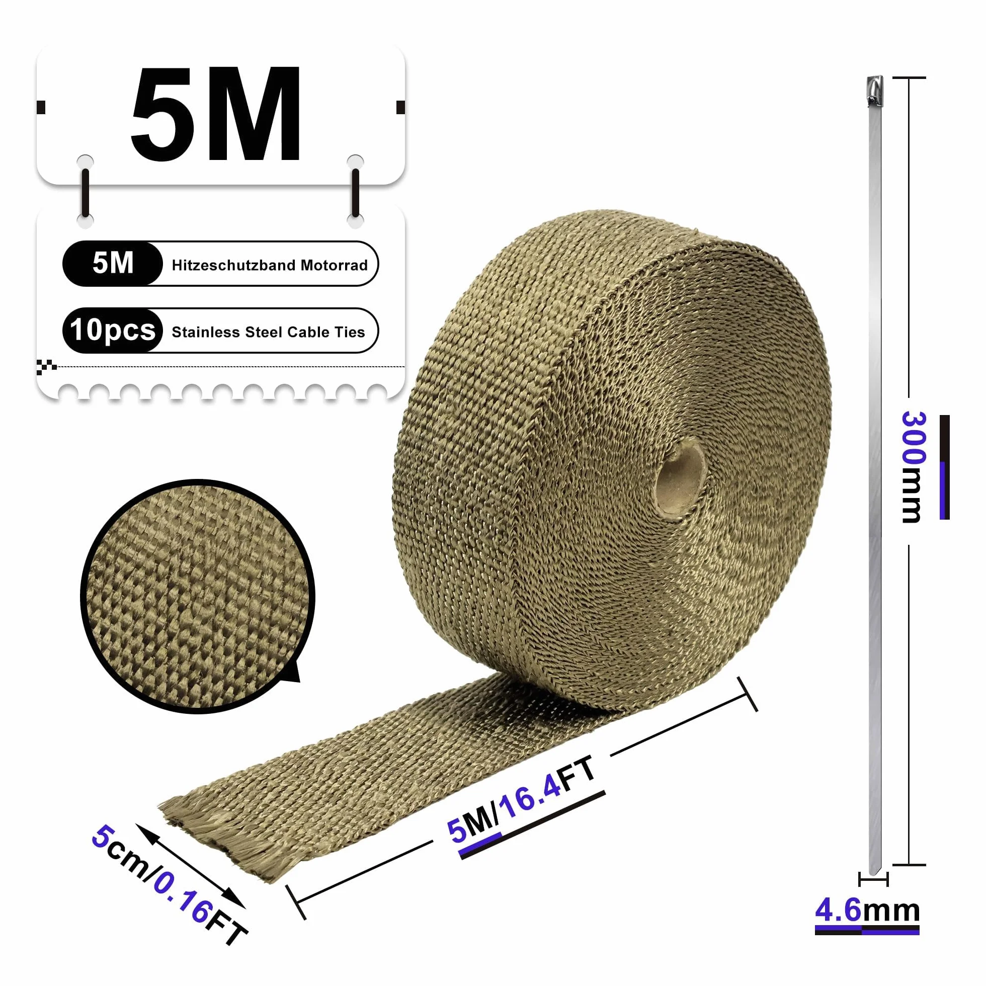 Taśma termiczna do motocykli 5M, taśma uszczelniająca do układów wydechowych, 10 sztuk 300x4,6 mm z opakami ze stali nierdzewnej, opaski kablowe do kolektorów wydechowych, Deecam taśma termiczna do