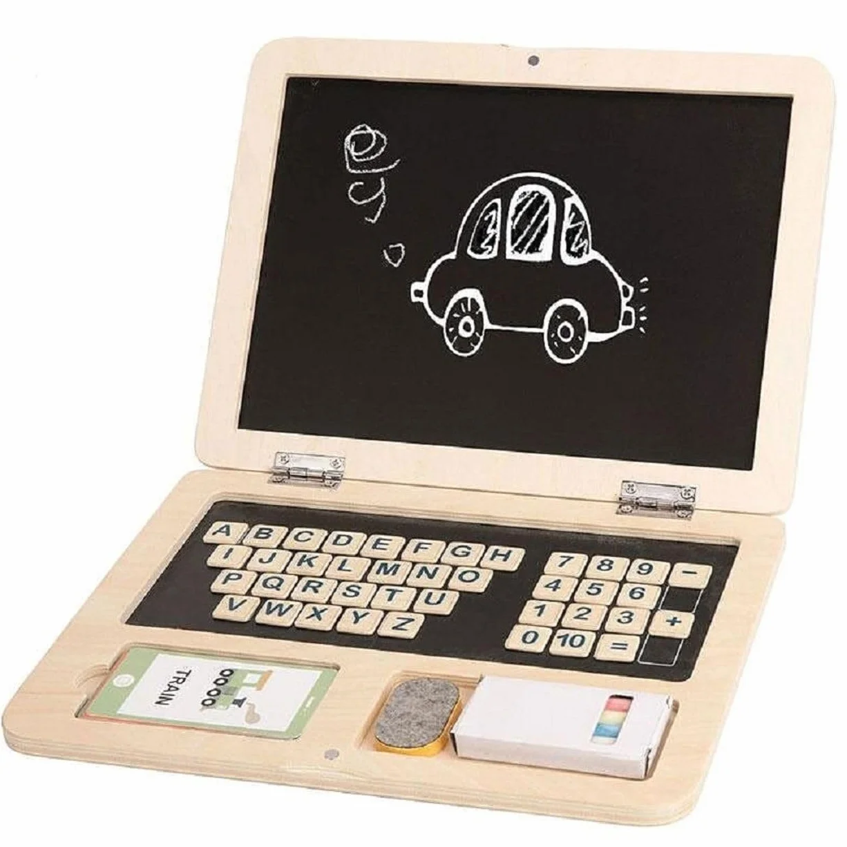 Tooky Toy drewniany laptop dla dzieci TH819, litery magnetyczne, kreda, kolory: beżowy