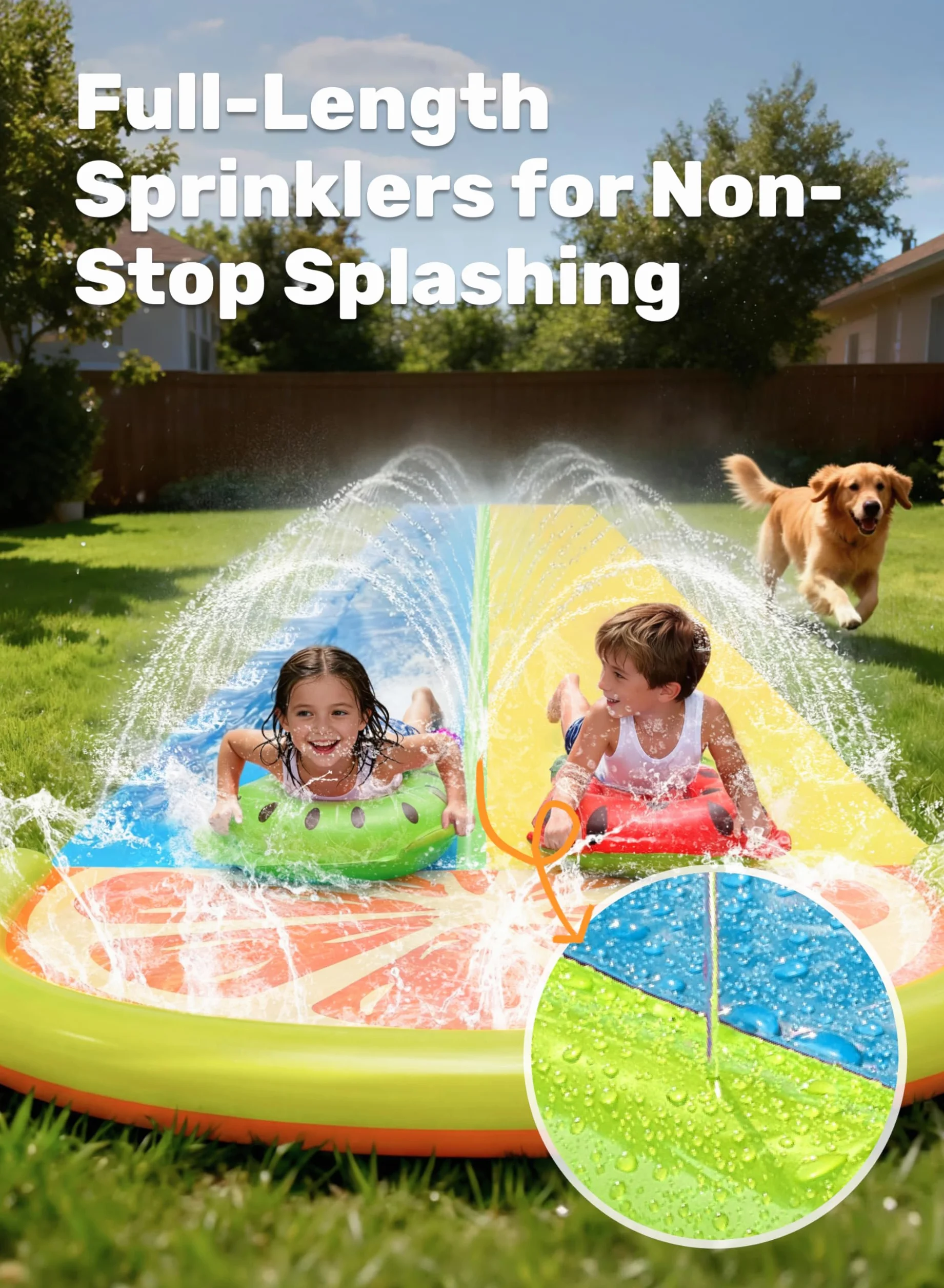 Sloosh 685,8 x 157,5 cm Water Slide 2-osobowa zjeżdżalnia wodna z 2 deskami typu boogie, do ogrodu, na zewnątrz, ze zraszaczem, letnia zabawka