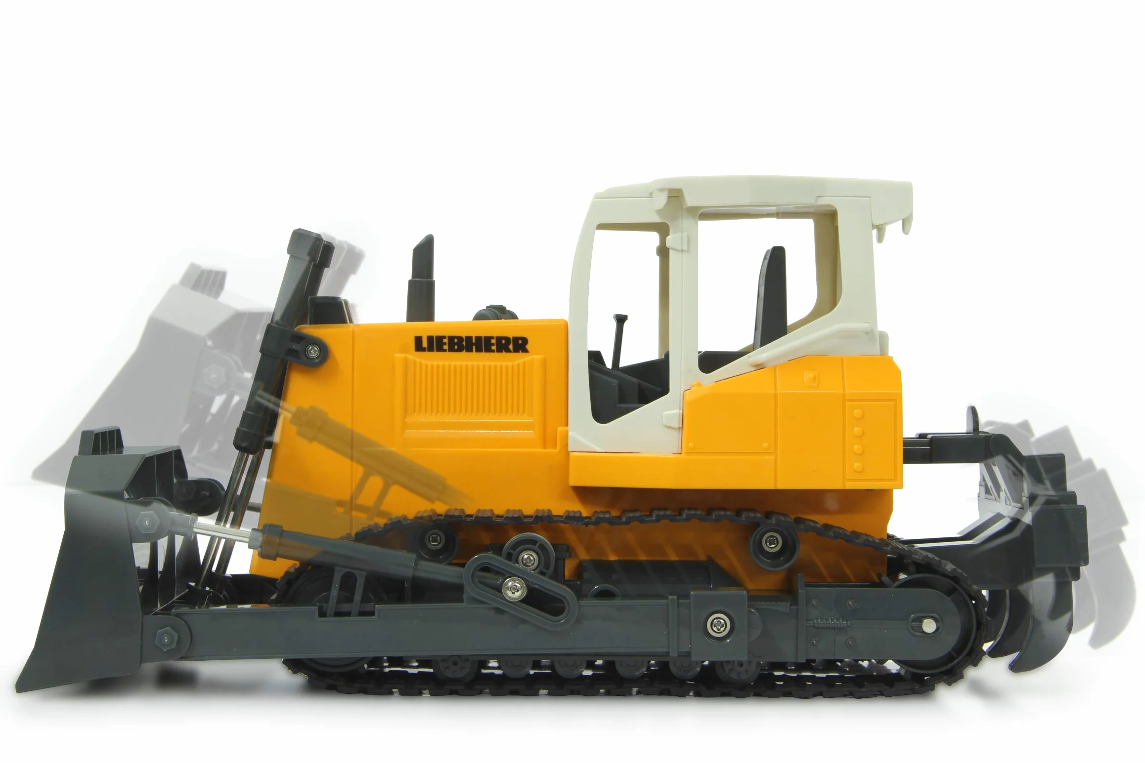 Gąsienica planierska Liebherr 1:20 2,4 GHz – programowalne funkcje, realistyczny dźwięk silnika (z możliwością wyłączenia), łopatka podnoszenie/opuszczanie, wertykulator w górę/w dół (ręczny)