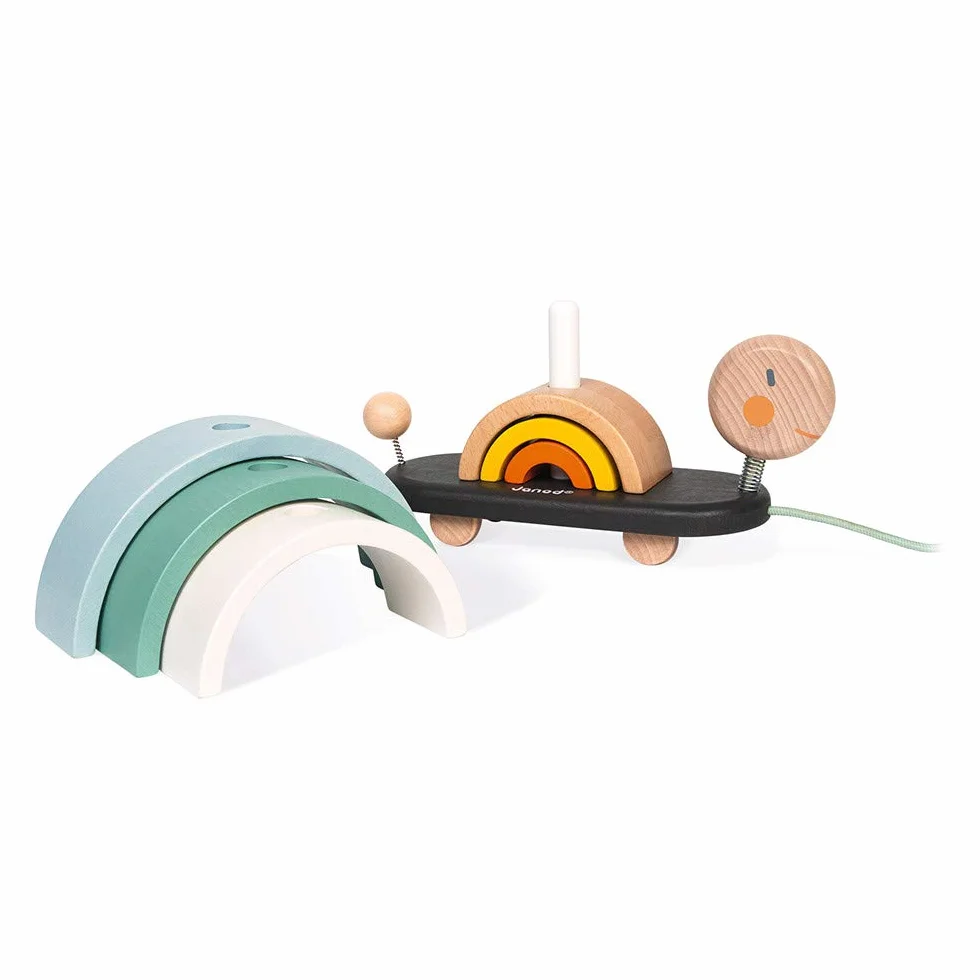 Janod - Wooden Sweet Cocoon Rainbow Turtle - Original Early Learning Game, 6 Stackable Arcs Of Circles - 1st Learnings - Turtle to Pull - Wooden Toy, Water Based Paint - from 18 Months Old, J04405
