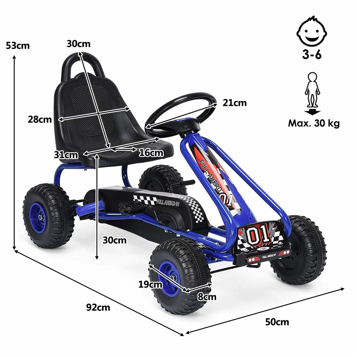 COSTWAY Gokart z regulowanym siedziskiem, Go Cart z hamulcem ręcznym, samochód na pedały, obciążenie do 30 kg, pedały, pojazd pedałowy, pojazd dla dzieci w wieku 3-6 lat (niebieski)