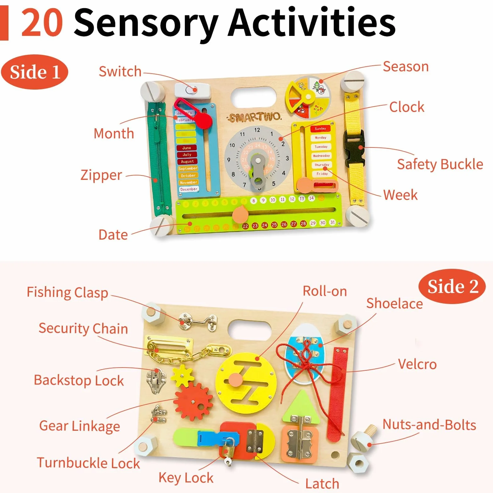 Drewniana tablica aktywności dla małych dzieci, zabawki Montessori dla dzieci w wieku 2, 3 i 4 lat, large double-sided wooden busy board, time learning, fine motor skill, early development
