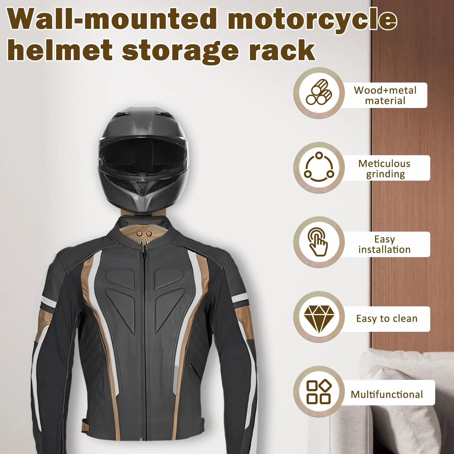 Uchwyt na kask motocyklowy ścienny drewno stal wieszak z hakami stojak kaski