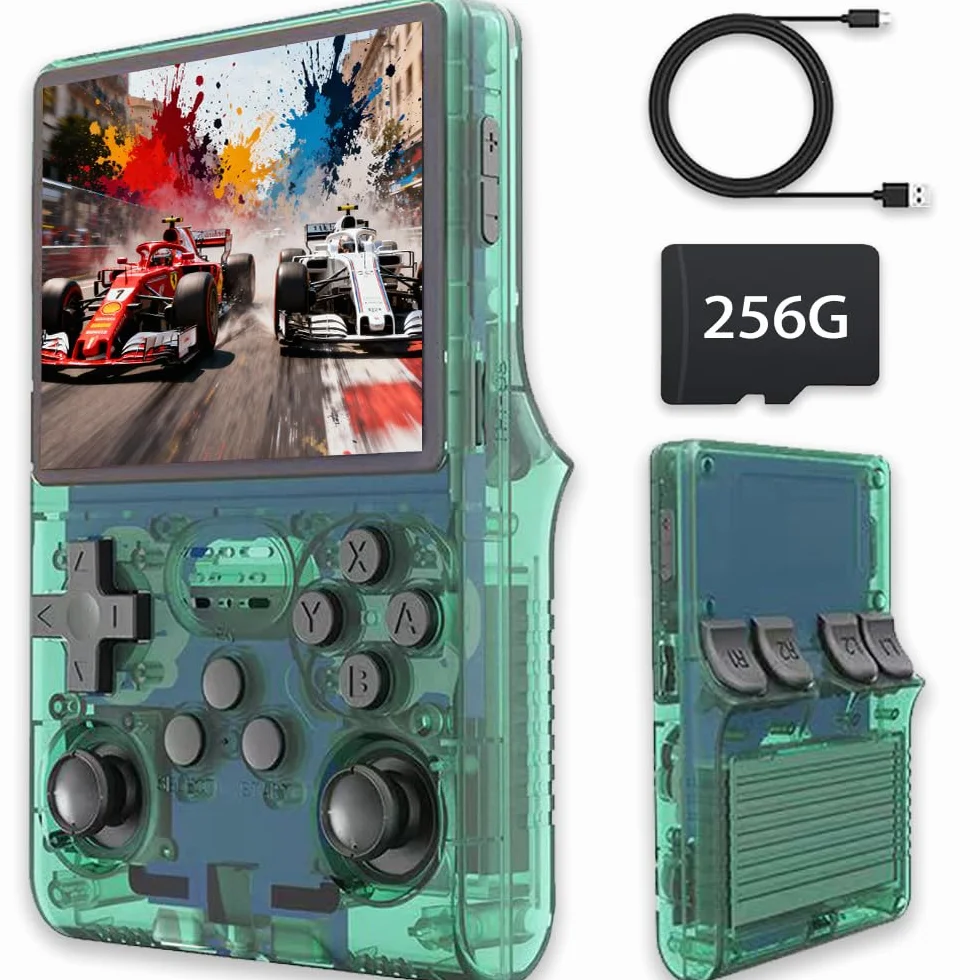 R40s Pro Retro Konsola Do Gier, Przenośna Przenośna Konsola Do Gier Wideo, 3.5 calowy ekran IPS z kartą 256G i 30000 + Grami ,wbudowane emulatory 45, Bateria 3800mAh (zielony-256g)
