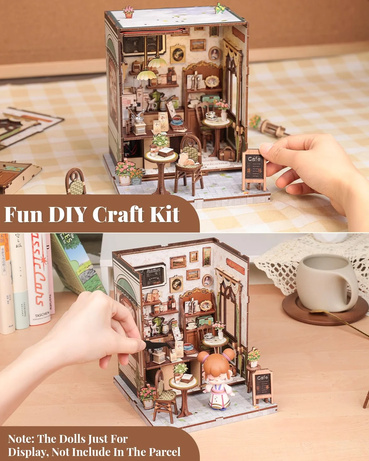 CUTEBEE Book Nook Kit-DIY Domek Dla Lalek,Drewniana Zakładka 3D w Stylu Vintage Biel & Zieleń,Dekoracja na Półkę,Prezent dla Dorosłych (Sunny cafe)