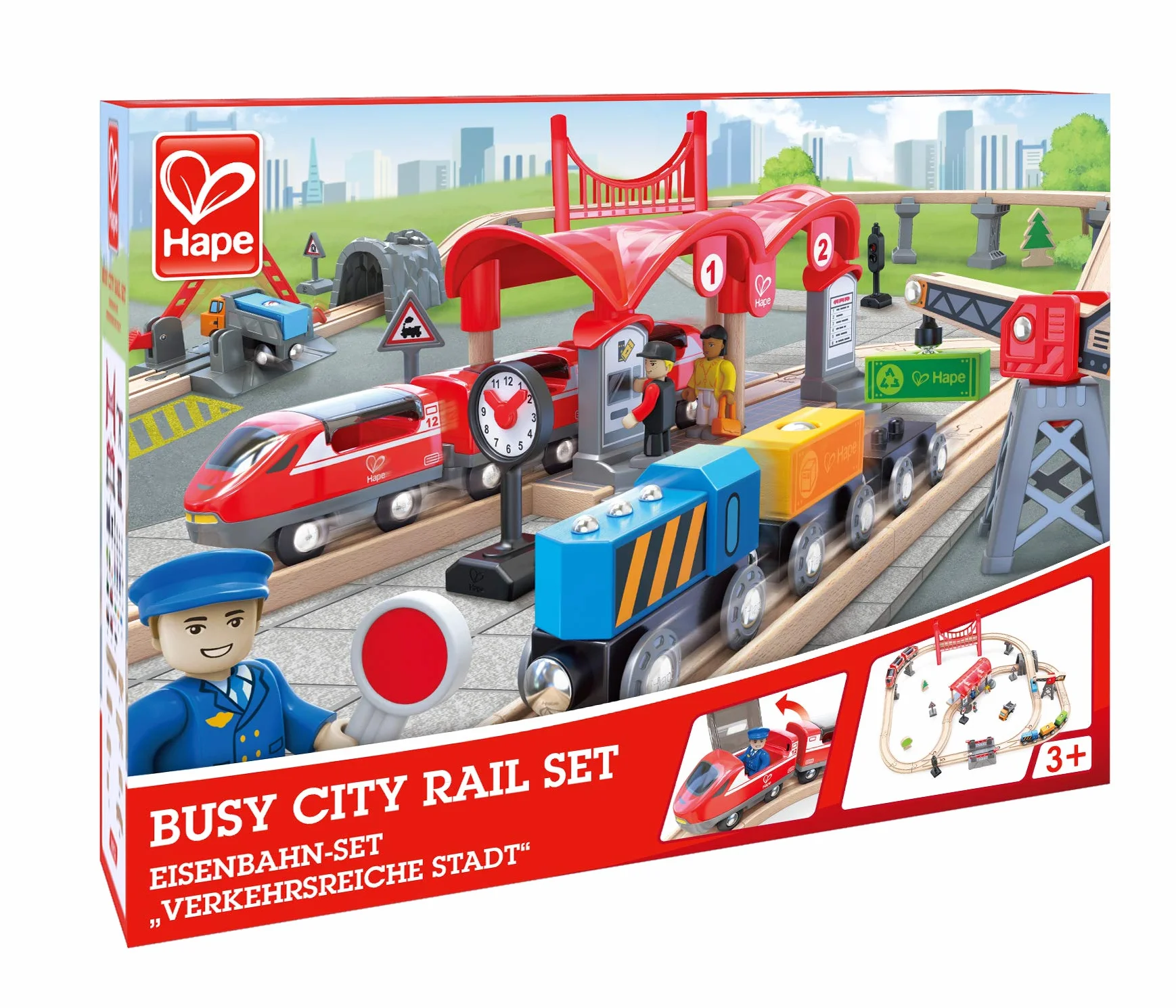 Hape Busy City Train Rail Set, Complete City-Themed Wooden Rail Toy Set for Toddlers with Passenger Train, Freight Train, Station, Play Figurines and More