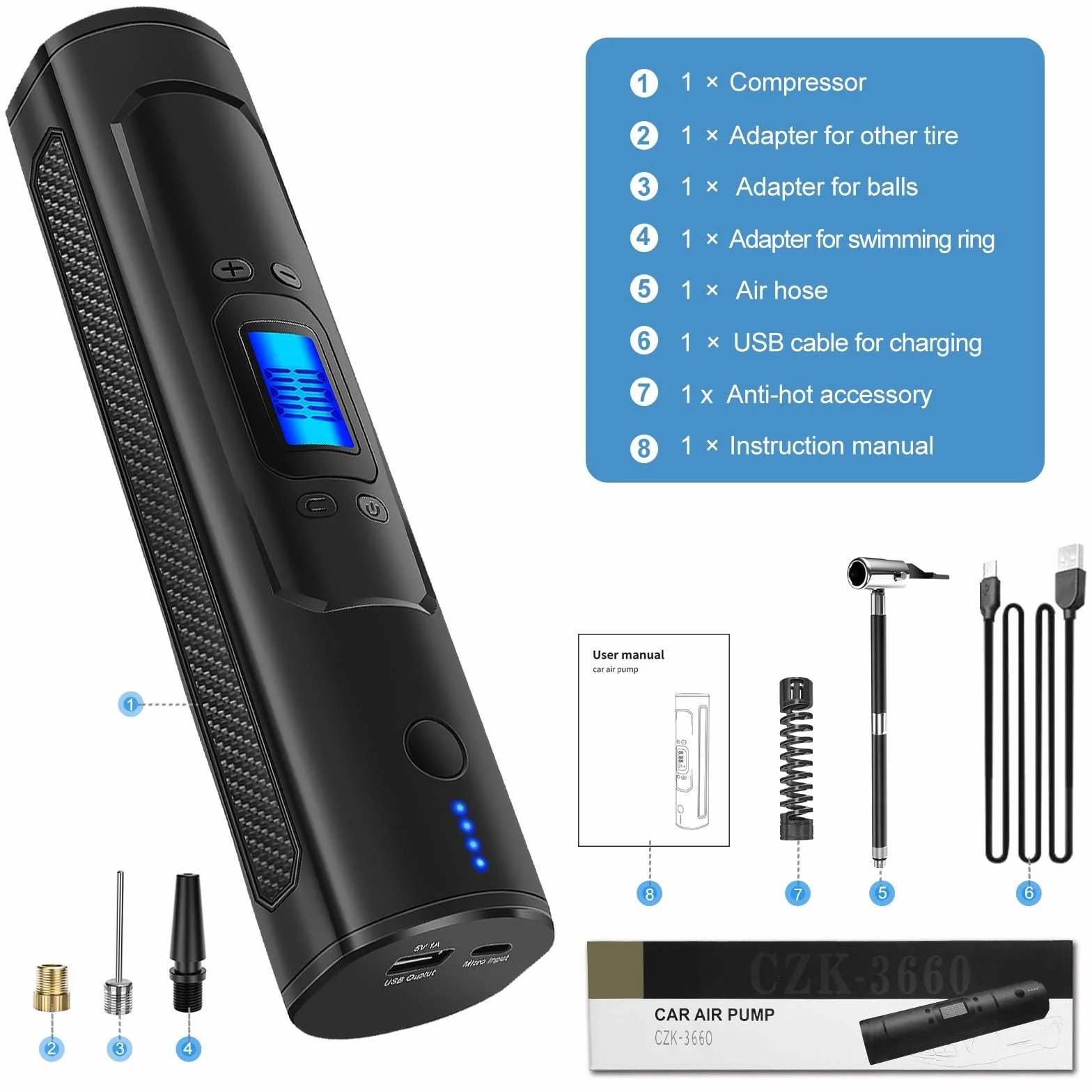 Elektryczny kompresor powietrza przenośna pompa do opon 150 Psi z wyświetlaczem LCD LED
