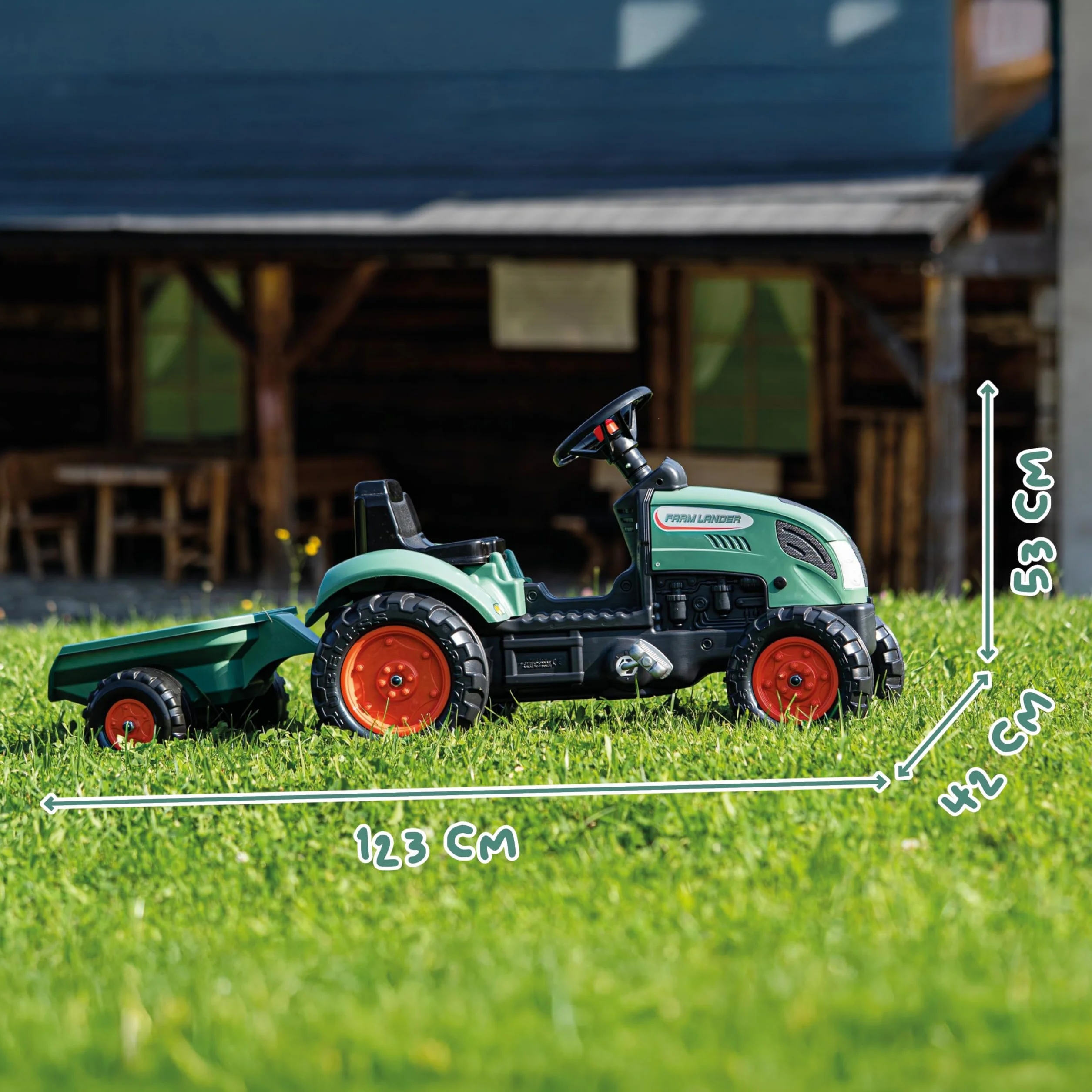 FALK Ciągnik pedałowy Farm Lander z przyczepą-od 2 lat - 50% plastiku pochodzącego z recyklingu - Wyprodukowano we Francji - Kierownica z klaksonem-2054L, 2054L, Ciemnozielony-2054L