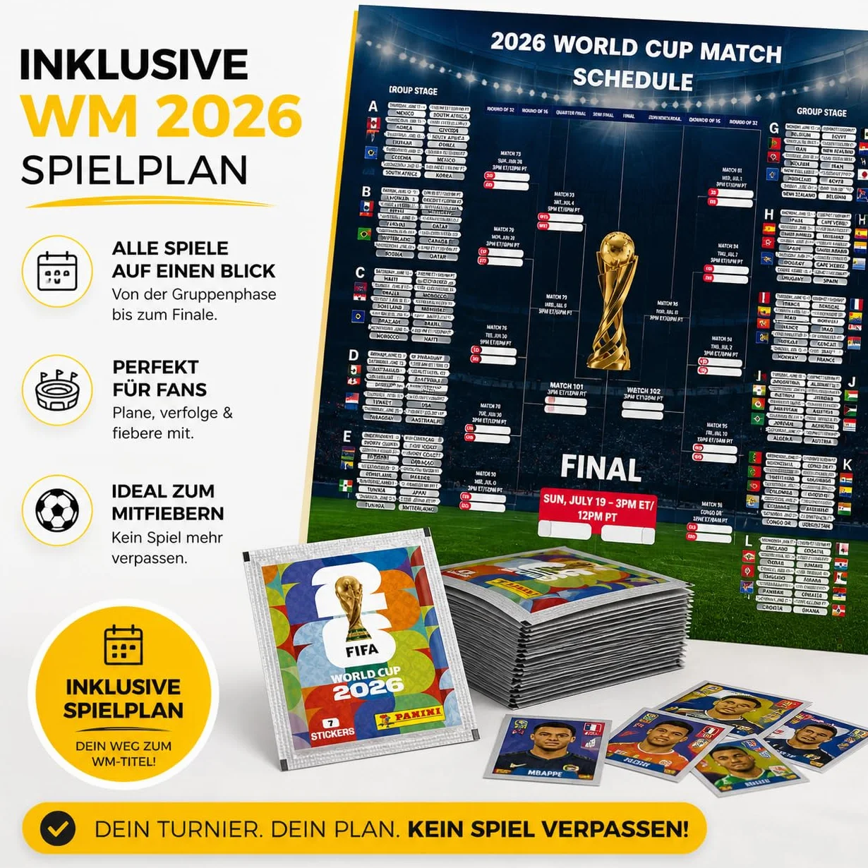 Naklejki kolekcjonerskie XXL na MŚ 2026 – naklejane naklejki Panini Mistrzostwa Świata Extra 1 x plan meczów (pakiet własnych marek) (100 torebek / 700 pojedynczych torebek z naklejkami)