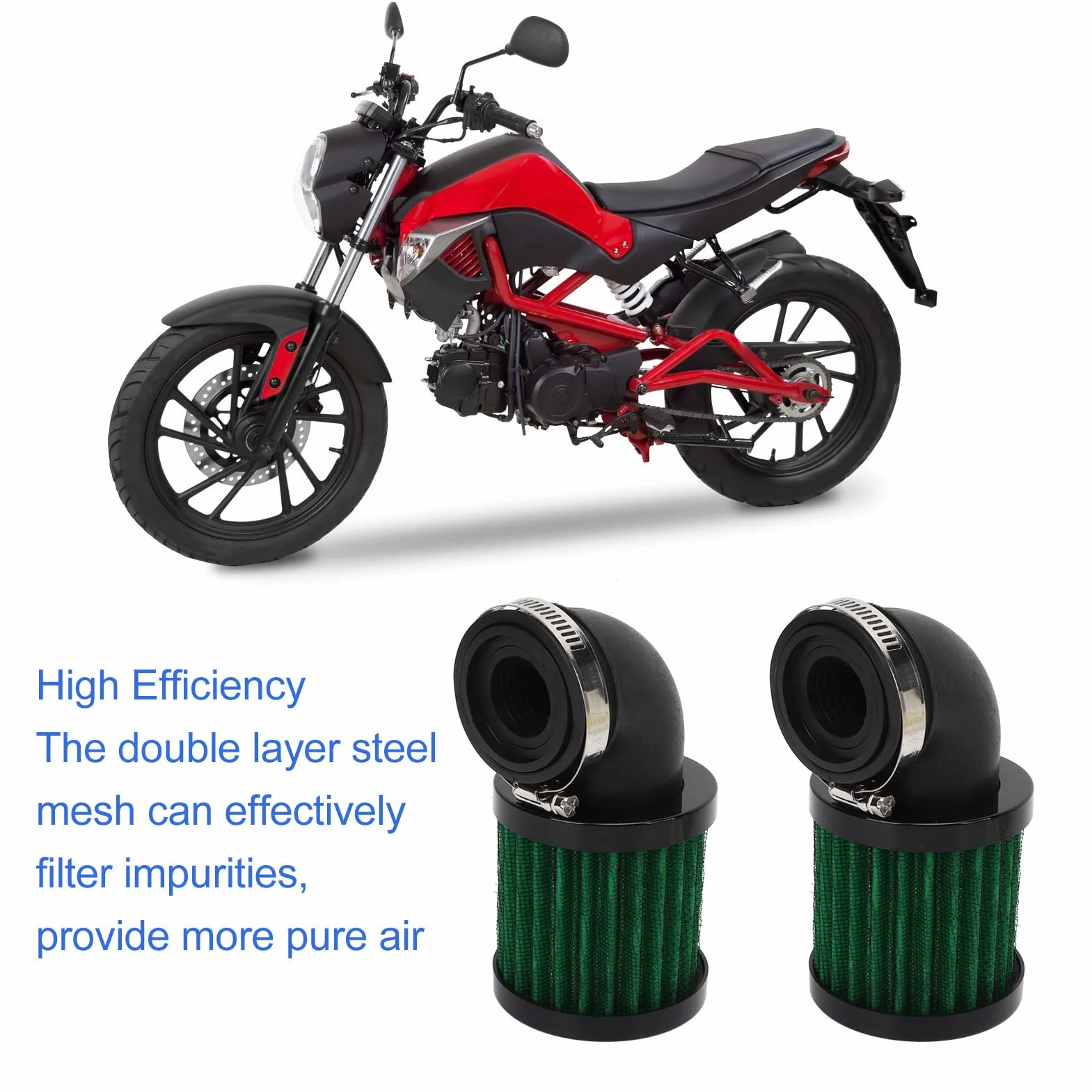 Filtr powietrza do motocykla, kąt 90 stopni, filtr zasysający powietrze, środek czyszczący 28 do 48 mm, uniwersalny do 50 70 90 125 motorowerów, skuterów, quadów, motocykli