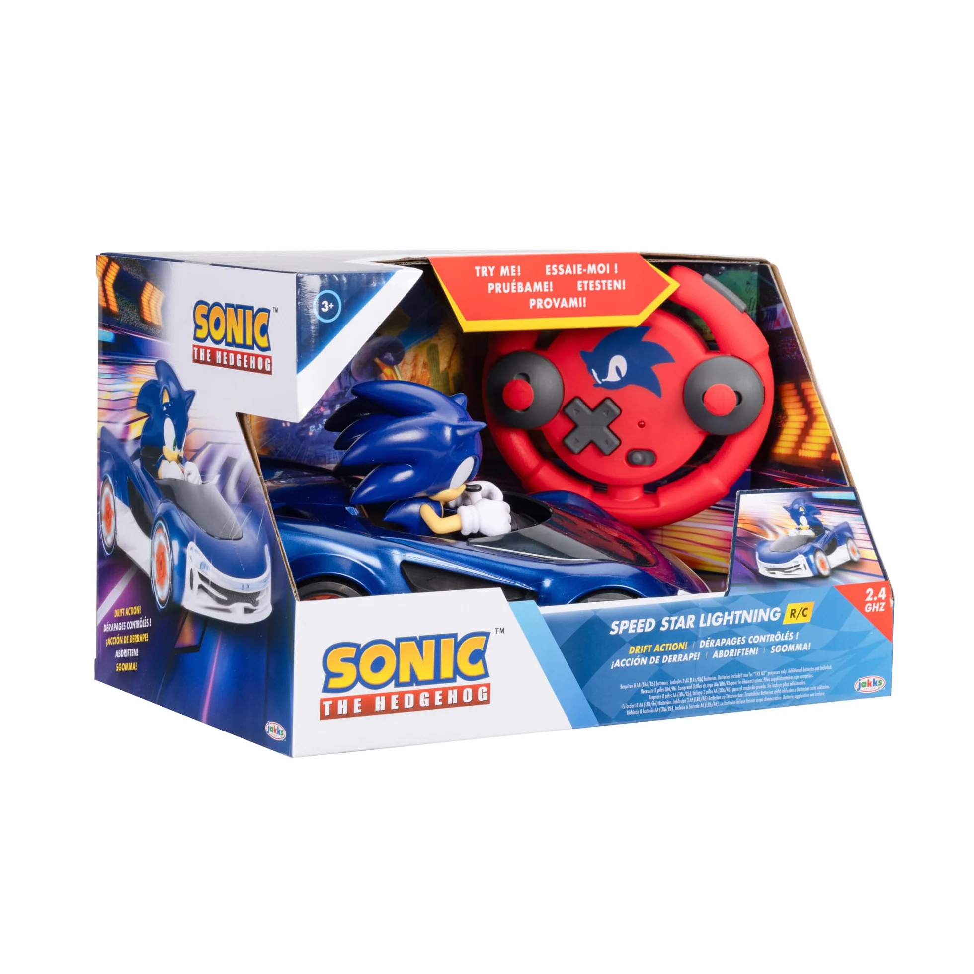 Sonic the Hedgehog Speed Star Lightning Drifting RC Oficjalnie licencjonowany przez Jakks Pacific - Zdalnie sterowane samochody z podświetlanymi kołami, gra interaktywna z czerwonym pilotem na baterie