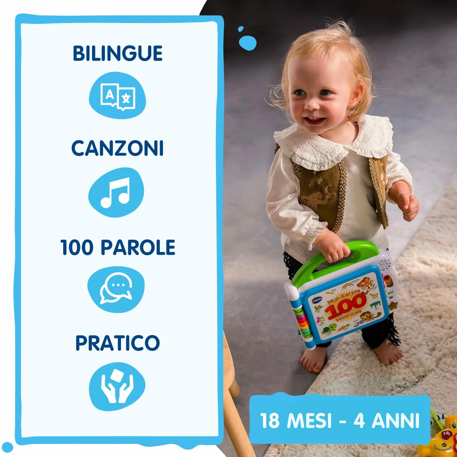 VTech Moja pierwsza ilustrowana książka - Le Mie Prime 100 słów, dwujęzyczna książka dla dzieci, książka sensoryczna w języku włoskim i angielskim, książka dla noworodków z 3 trybami, z bateriami, 18