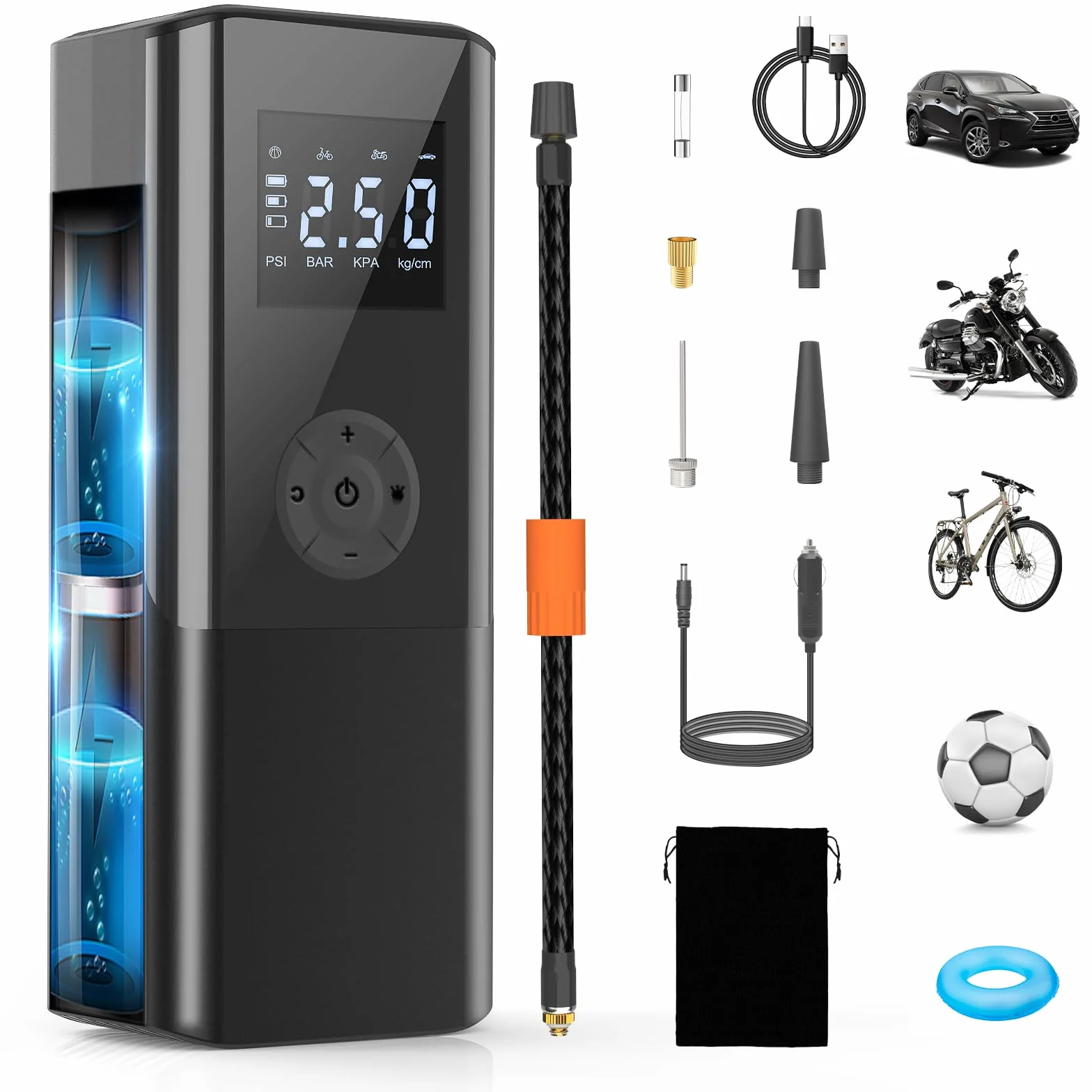 Mini Kompresor Powietrza Przenośny 150 PSI Elektryczna Pompa Powietrza Akumulatorowa 6000 mAh z Ekran LCD Lampą LED