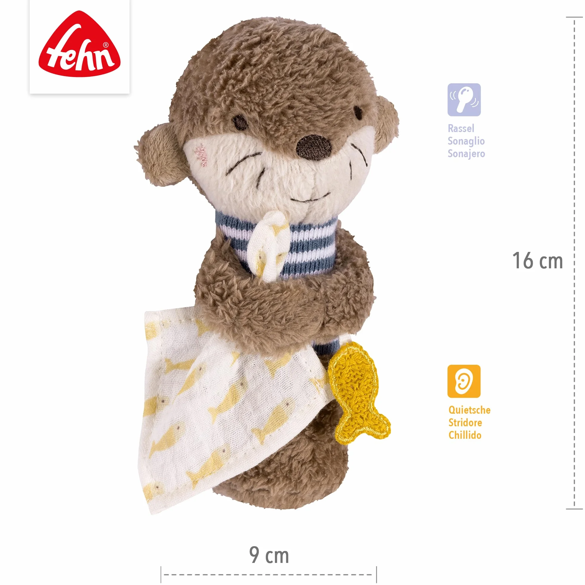 Fehn Stabgreifling Otter – Kuscheltier-Greifling zum Rasseln, Quietschen, Fühlen, Spielen – ein treuer Begleiter für Babys und Kleinkinder ab 0+ Monaten