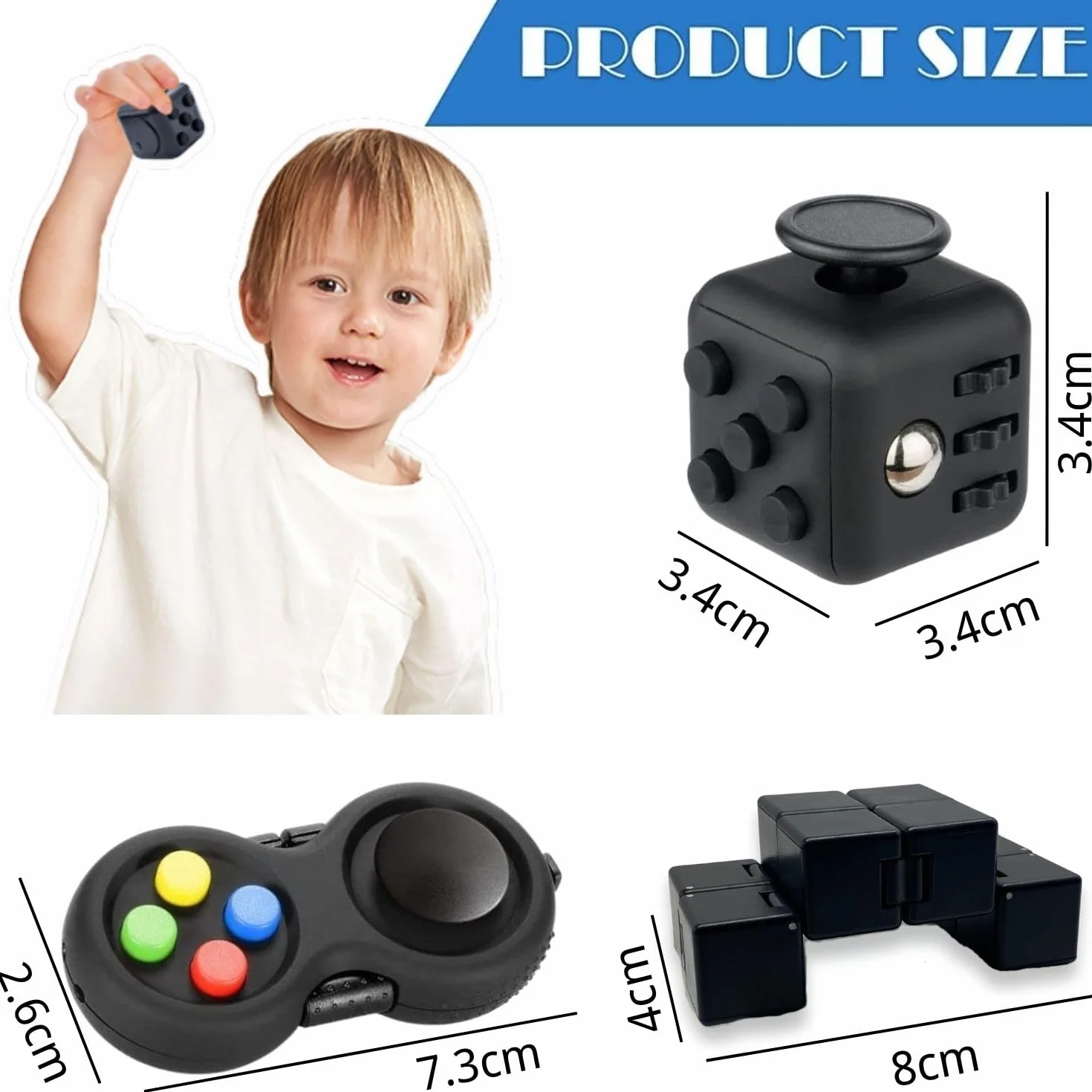 Yeefunjoy, kostka do gry fidget 3 sztuki, pad, kostka nieskończoności, reduktor stresu, ulga w lęku, koncentracja, sensoryczna, czarna, dla dorosłych, mała