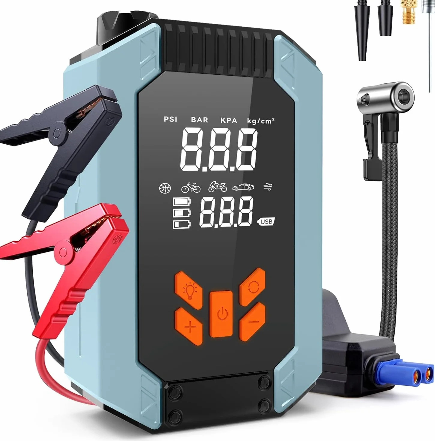 Starthilfe Powerbank z kompresorem, 150PSI 4000A Starthilfe do samochodów na benzynę 9,0L i olej napędowy 8,0L, 12V Powerbank do rozruchu z wyświetlaczem LCD, latarką LED, wskaźnikiem