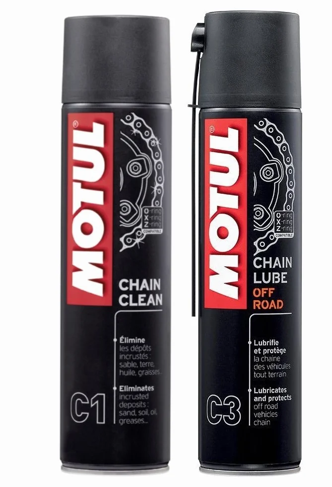 MOTUL Pakiet + Economy MC Care Spray do smarowania łańcuchów (C3) i środek do czyszczenia łańcuchów (C1) do motocykli ulicznych.