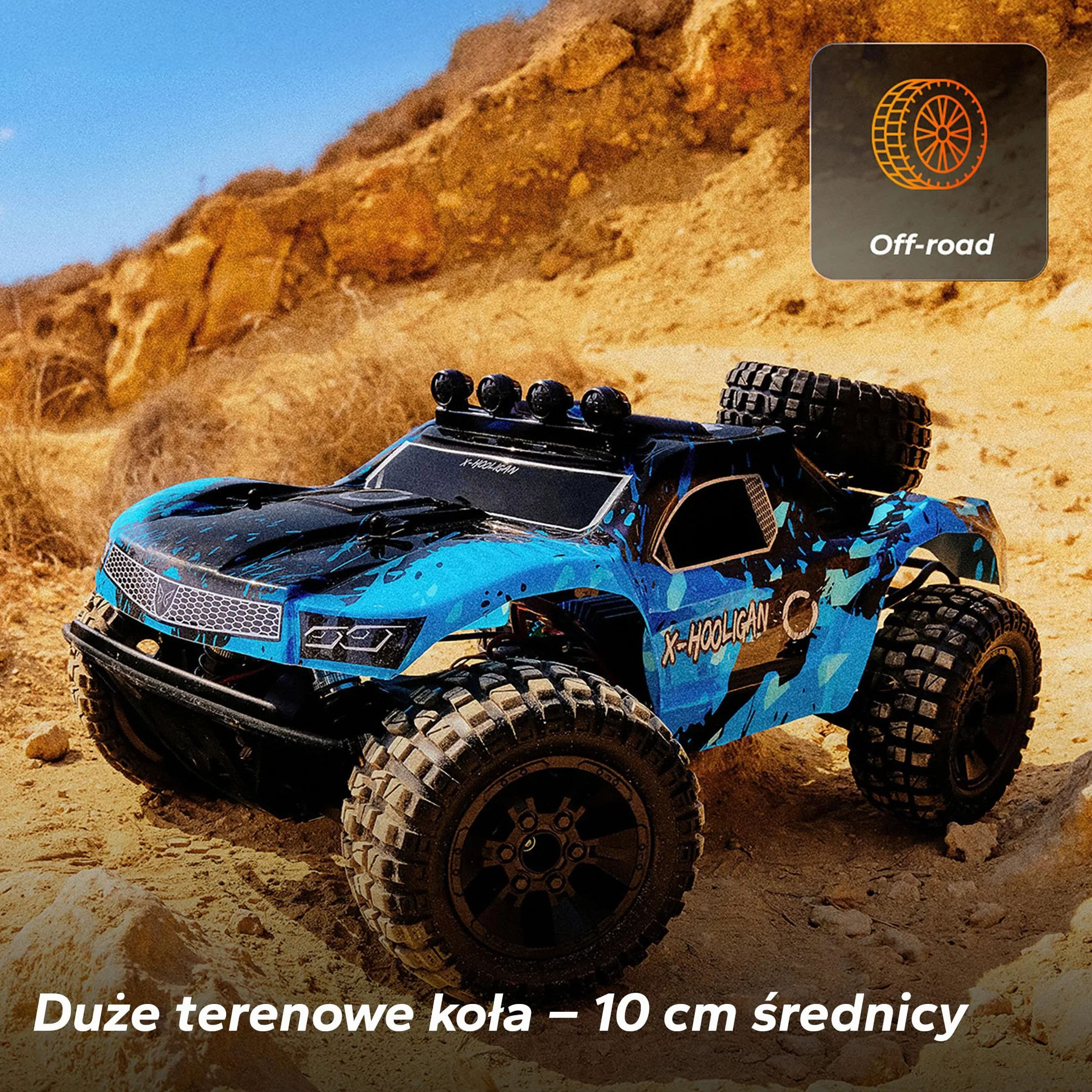 Overmax X-Hooligan duży, szybki, zdalnie sterowany samochód, skala 1:10, prędkość 35 km/h, zasięg 100 m, napęd 4 x 40 minut, oświetlenie LED