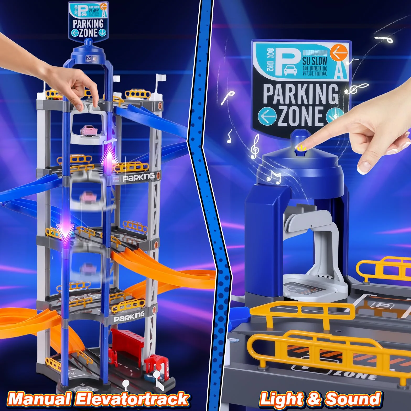 Charmofun Garaż Samochodowy Dla Dzieci, 4-Poziomowy Parking Zabawka Z Windą, Podwójna Rampa, 8 Pojazdów, Światło I Dźwięk, Prezent Dla Maluchów Od 3 Lat (58 X 37,5 X 10 CM)