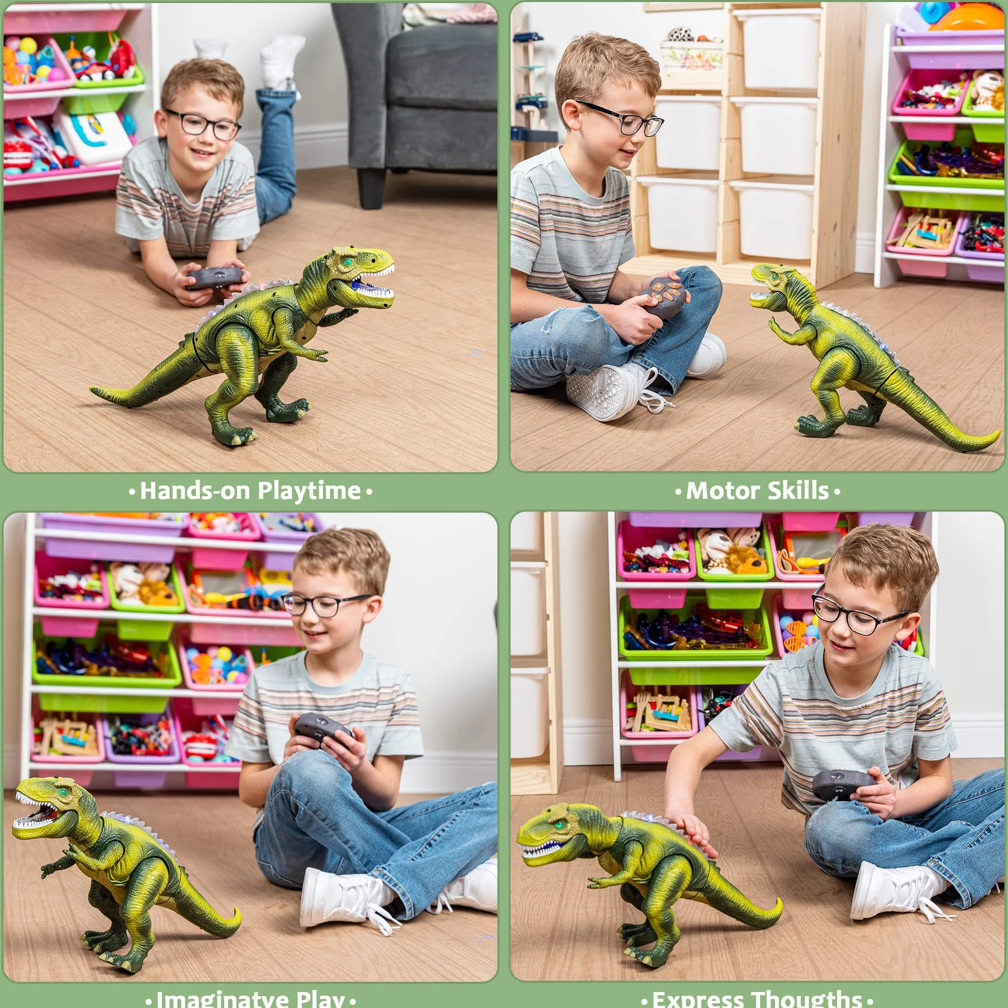 JOYIN Zdalnie sterowana zabawka dla dzieci, zabawka dinozaur T-Rex, dinozaur z chodzeniem, rykiem, świecącymi oczami i wstrząsami głową dla małych dzieci, chłopców i dziewczynek