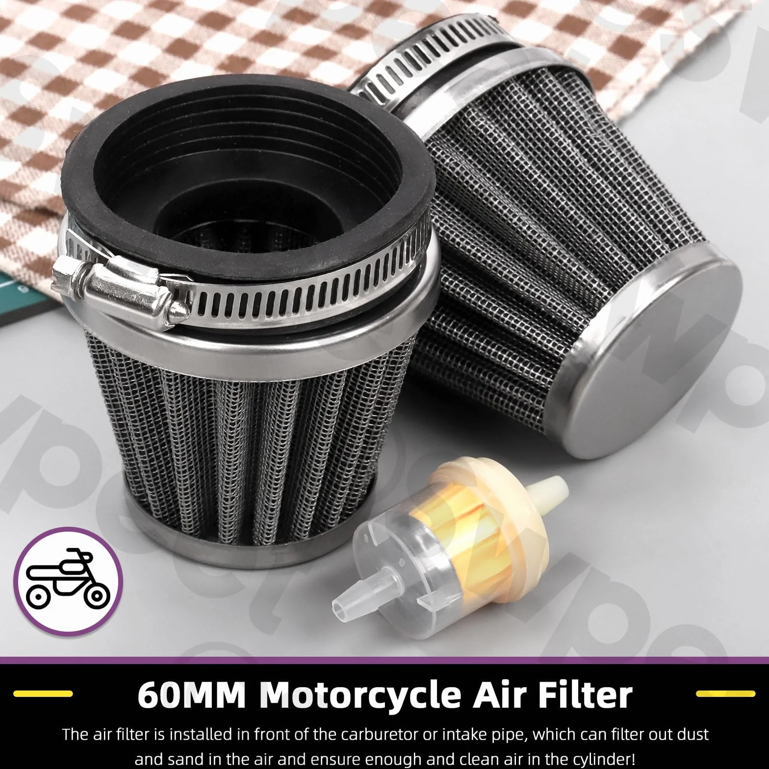 Swpeet Filtr powietrza motocyklowego 60 mm z 2 szt. wymiennych filtrów paliwa, uniwersalny stożkowy odkurzacz wlotowy, zamiennik do 50 cm³, 110 cm³, 125 cm³, 150 cm³, 200 cm³, ATV, Dirt Bike, Scooter