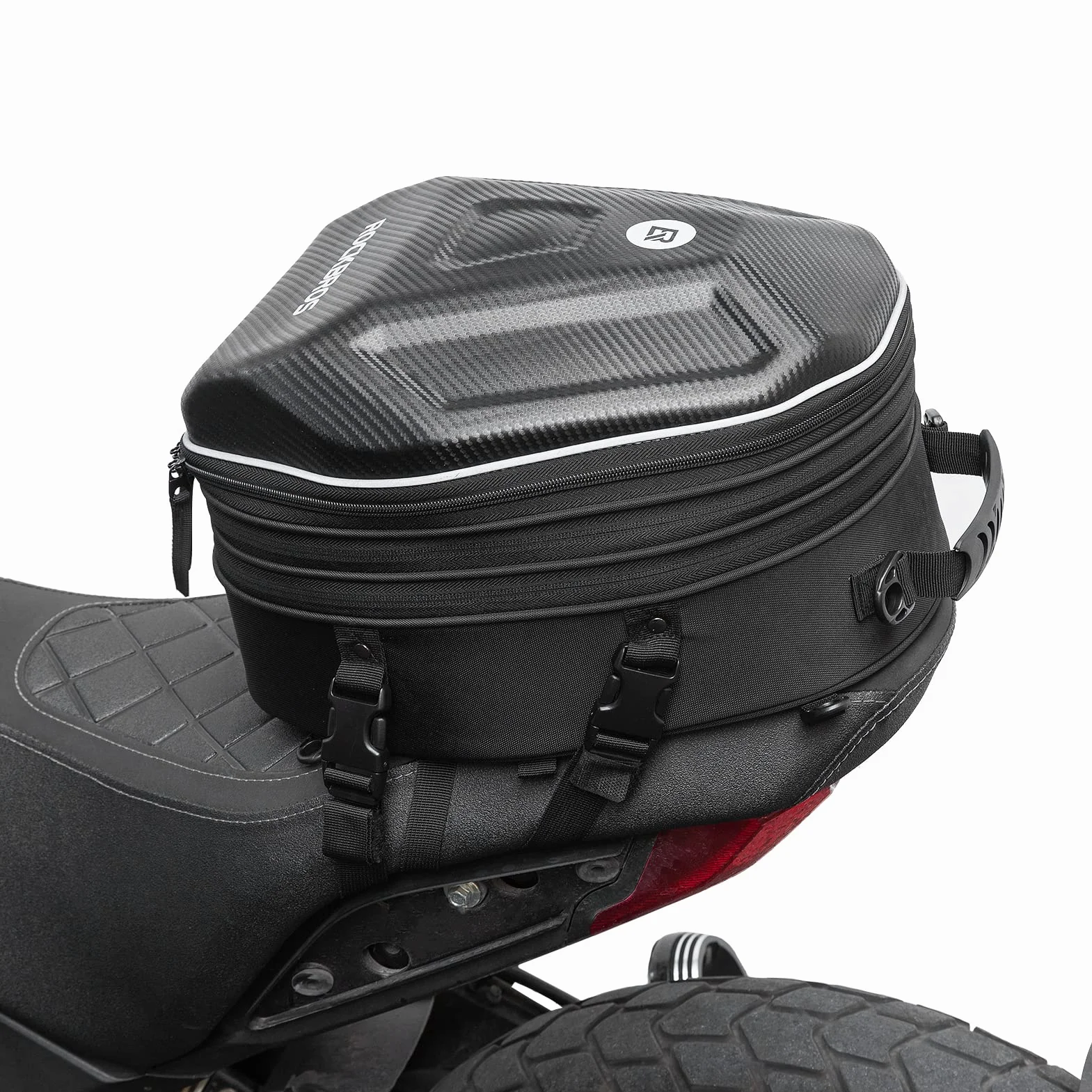 ROCKBROS Torba Motocyklowa na Bbagażnik, Duża Pojemność 20-35L, Solidna, Trwała, Rozbudowy, z Wodoodporną Osłoną i Paskiem na Ramię, Uchwyt na Kask z Zamkiem do Motocykli Skuterów Motorowery, Czarny