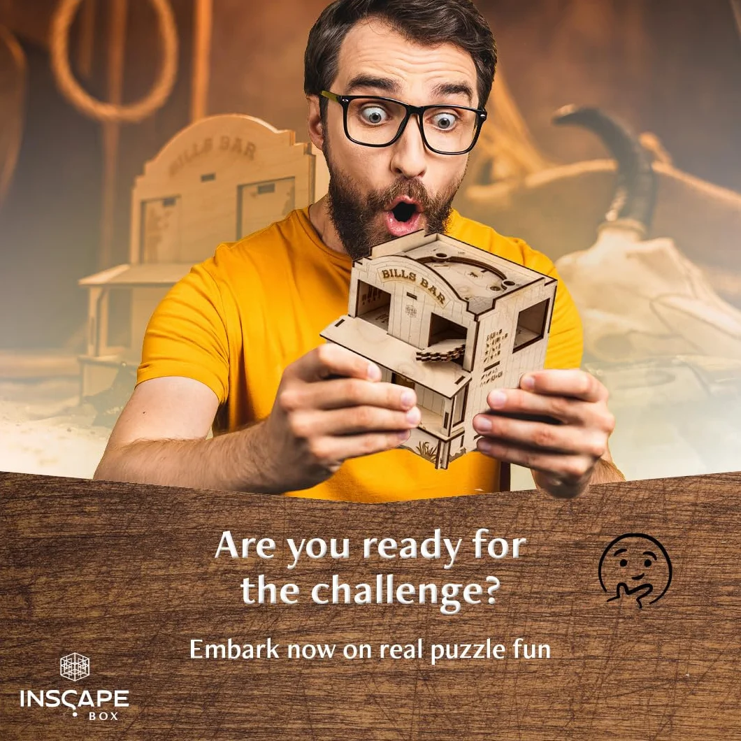 INSCAPE Wild West Riddles drewniane pudełko z puzzlami - puzzle - Escape Room gra dla dorosłych i dzieci - gry logiczne dla dorosłych - drewniane puzzle 3D - Cluebox - gry myślące