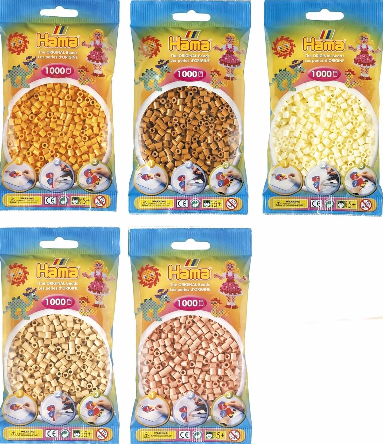 Hama Happy Price Toys Midi Koraliki do prasowania Zestaw 5 kolorów (Beige, Krem, Jasnobrązowy, Odcień skóry, Kolor misia) + Instrukcja szycia z 3 szablonami wzorów, CRAFT_BEAD