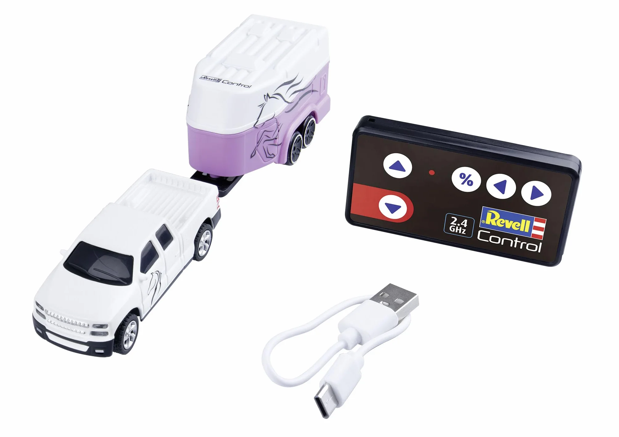 Revell Control I Mini samochód sterowany radiowo z przyczepą dla koni I w skali 1:64 I od 6 lat i Częstotliwość radiowa: GHz I Realistyczny design I Idealny do użytku wewnątrz i na zewnątrz Biały