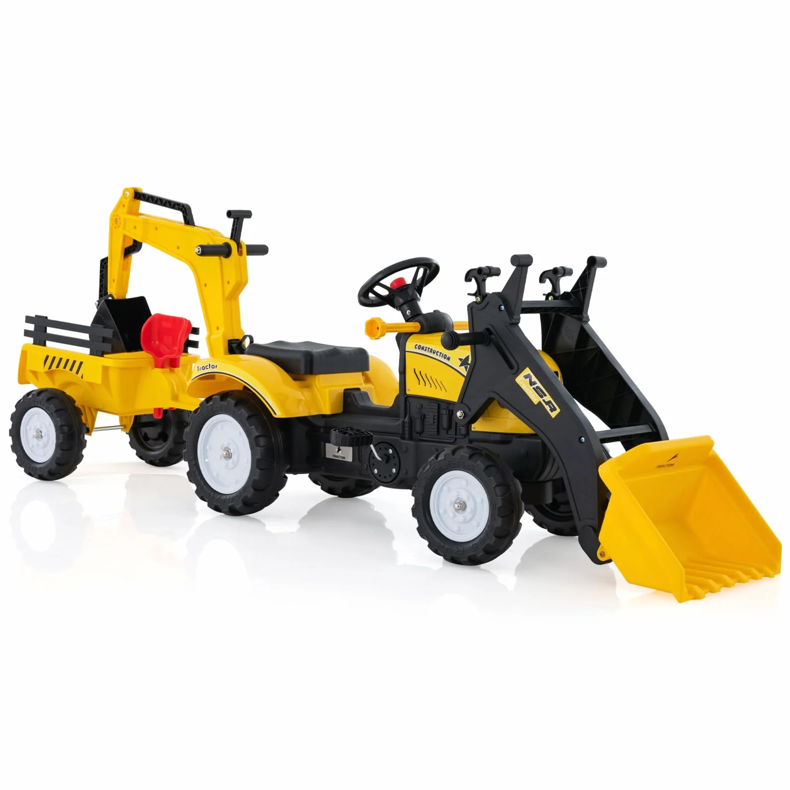 COSTWAY Traktor na pedały, dla dzieci ze zdejmowaną przyczepą i szuflą do grobu, koparko-ładowarka, obciążenie do 35 kg, koparka do siedzenia dla dzieci w wieku 3-6 lat (żółty)