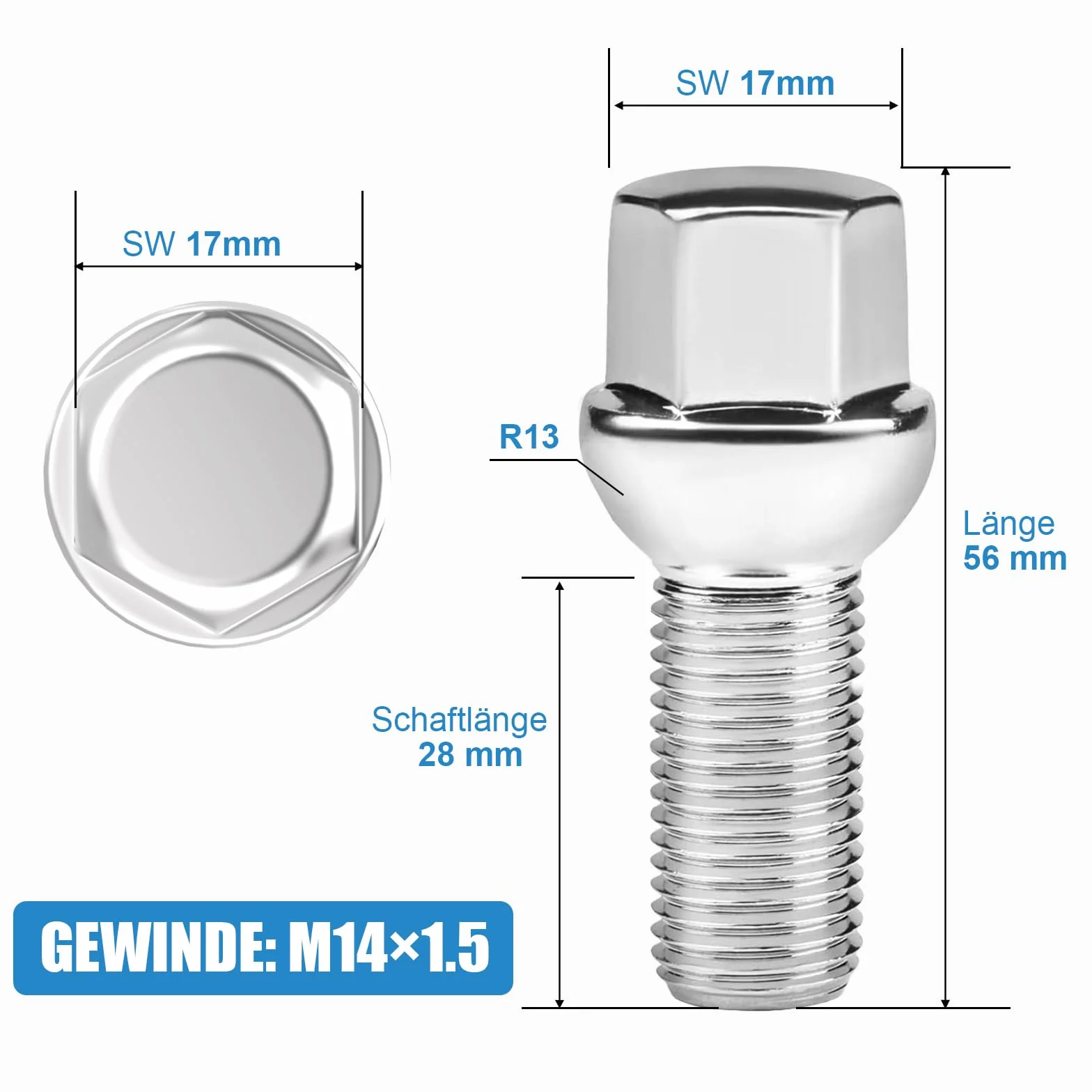Śruby do kół M14x1,5x28mm kula z kołnierzem R13 SW 17mm Audi Volkswagen chrom