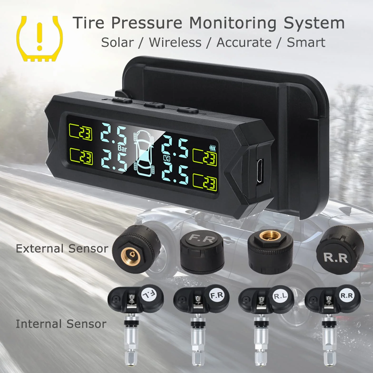 Shkalacar USB/Solar TPMS 0-81 PSI system monitorowania ciśnienia w oponach z 4 czujnikami