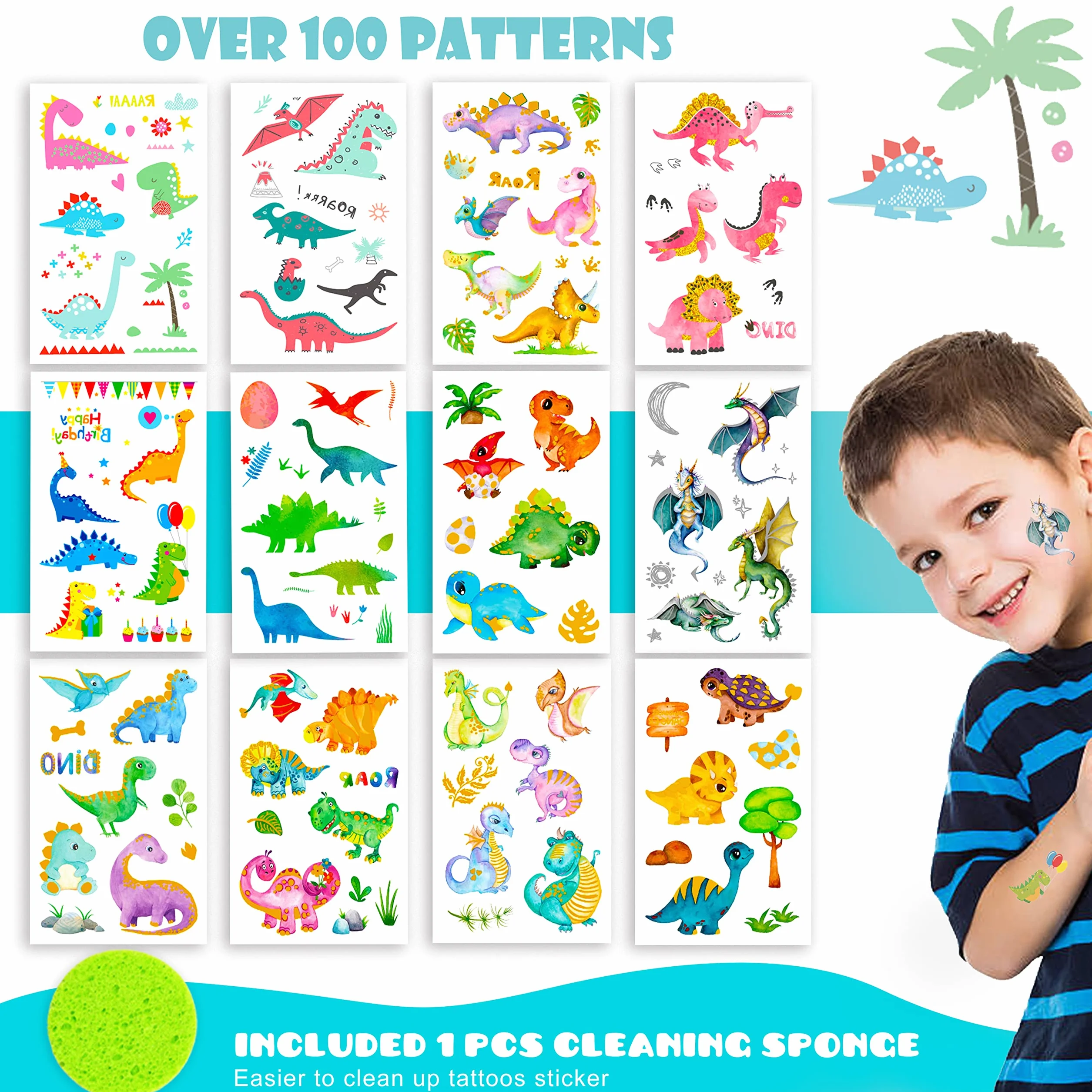SUGERU® Tatuaże dla dzieci, 100 sztuk, przyjazne dla skóry, naklejki na dinozaury, dla dzieci, dla chłopców i dziewczynek, upominek na urodziny dziecka, ekstrakt z soi, naturalne, bezpieczne składniki (dinozaury)